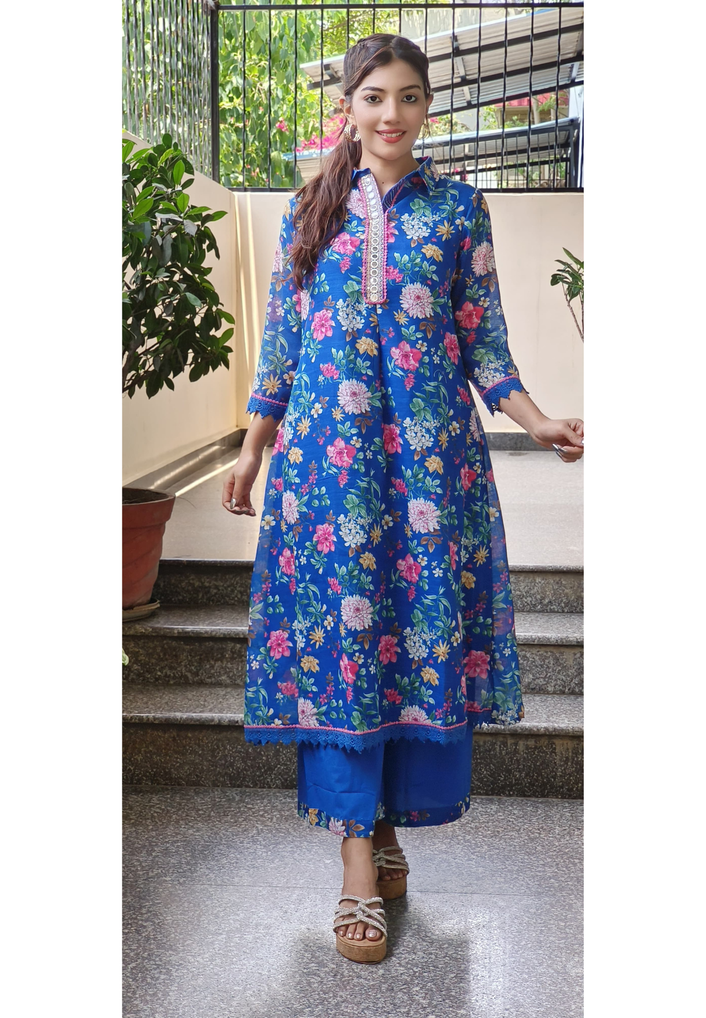 Checks Cotton Floral Print Aline Kurta Pant Set- 09569