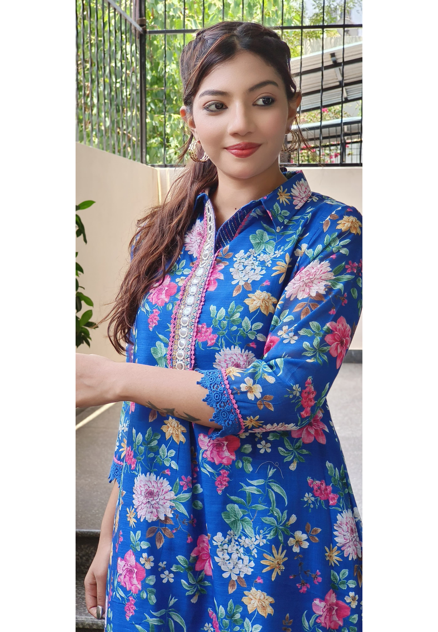Checks Cotton Floral Print Aline Kurta Pant Set- 09569