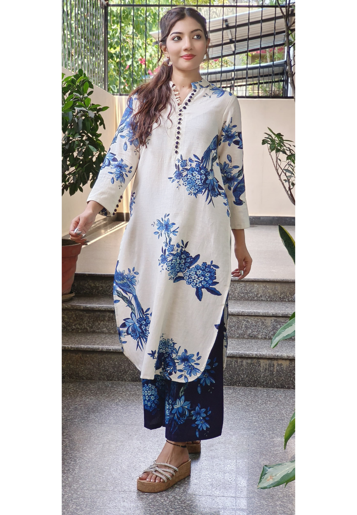 Casual Wear Linen Cotton Floral Print Kurta  With Loose Printed Palazzo