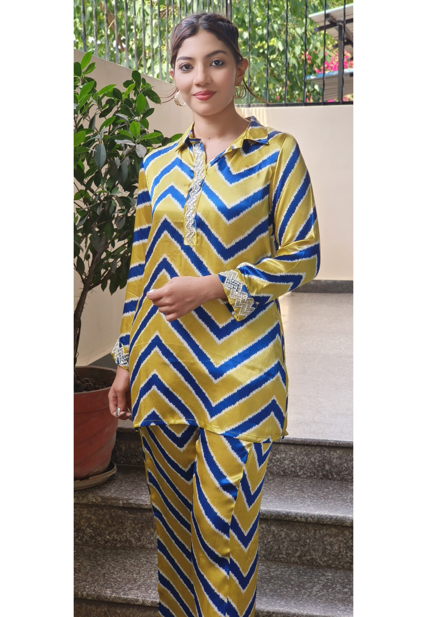 Elegant Chevron Print Co-Ord Set in Gajji Silk Fabric - 09567