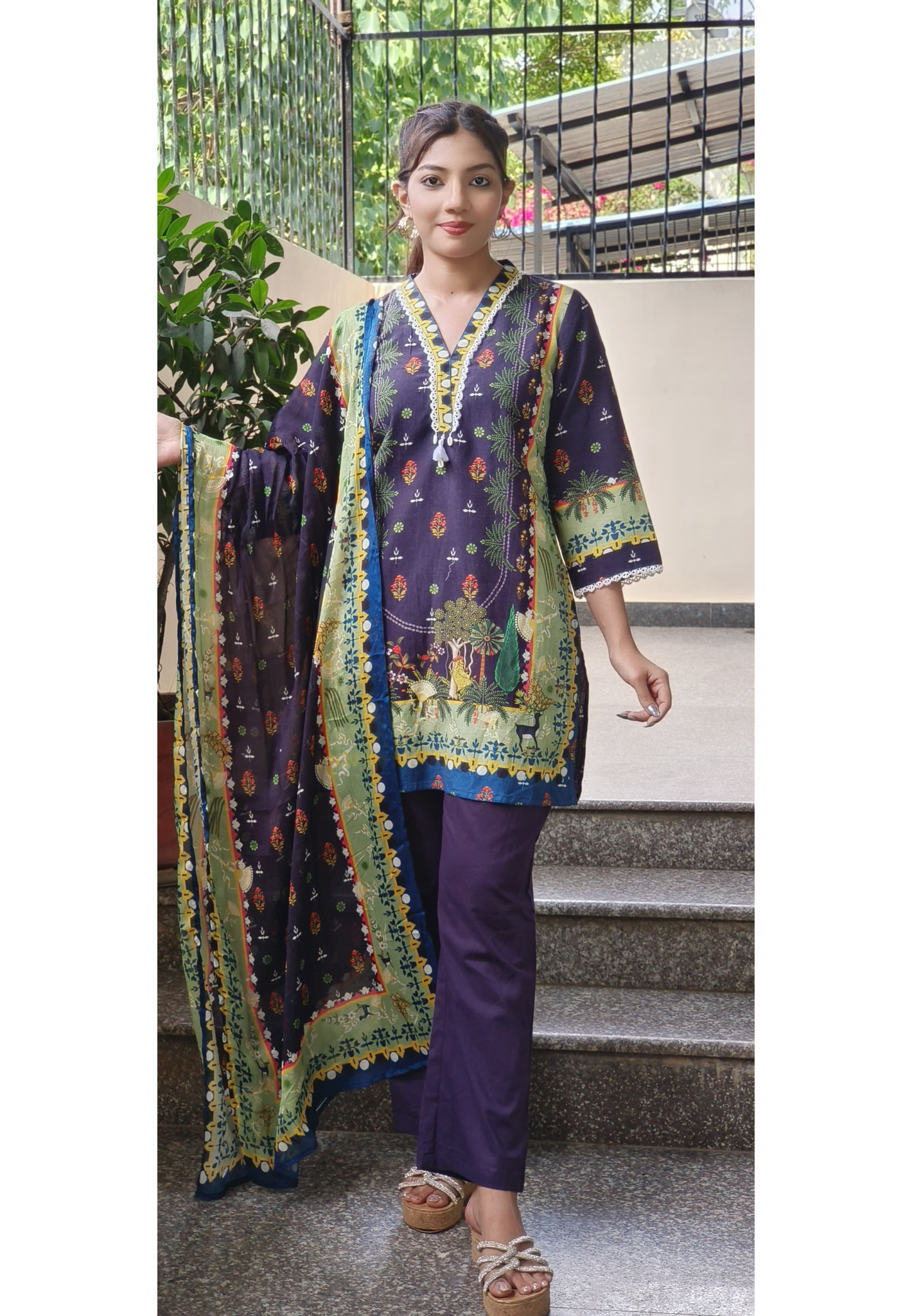 Printed linen Kurta Pant Full Set with chinon dupatta