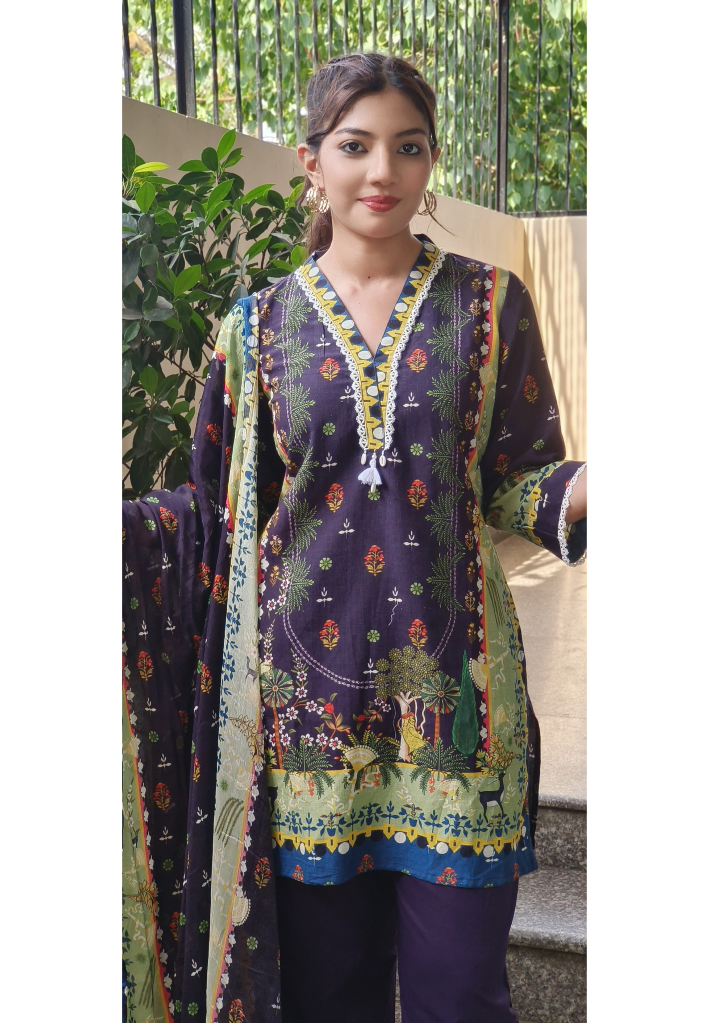 Printed linen Kurta Pant Full Set with chinon dupatta