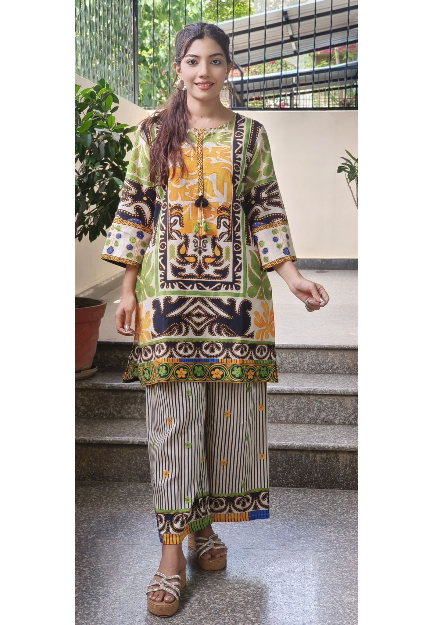 Linen Cotton  Printed Kurta with stripe palazzo