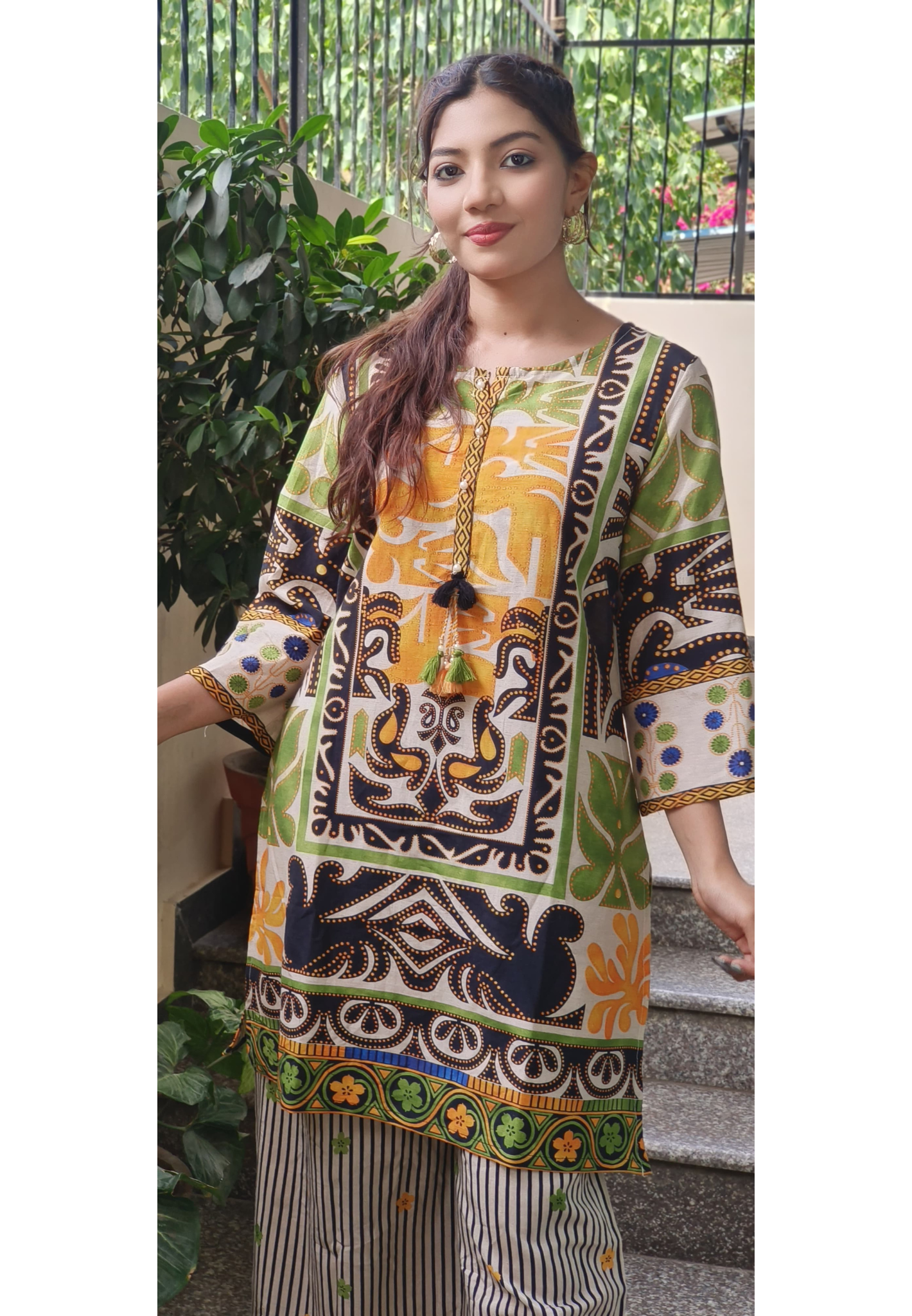 Linen Cotton  Printed Kurta with stripe palazzo