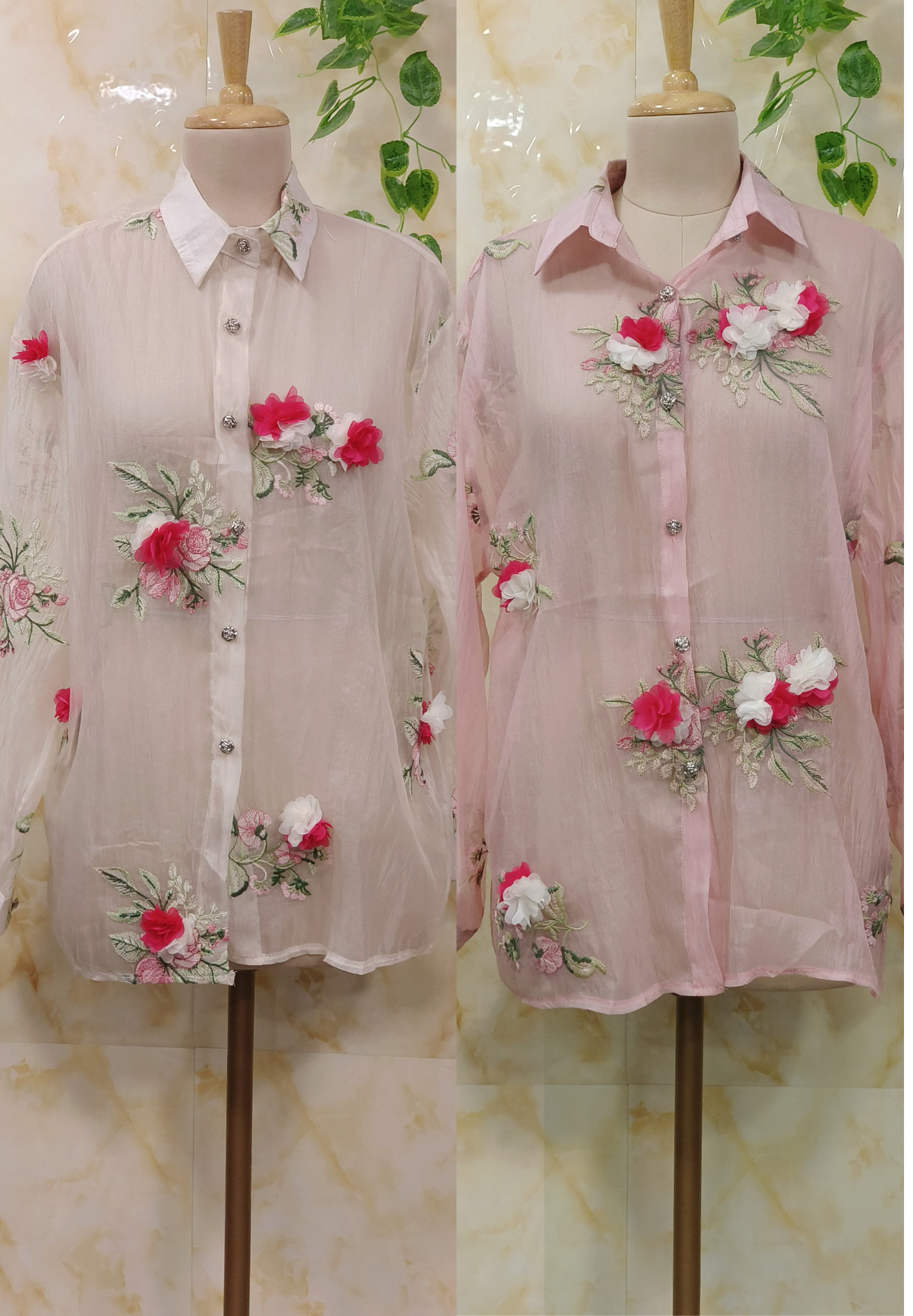 Floral Elegance Lightweight Embroidered Tissue Organza Sheer Transparent Shirts