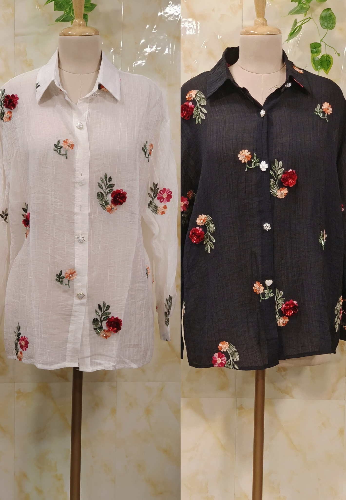 Floral Elegance Tissue Organza Sheer Transparent  Collar Shirts