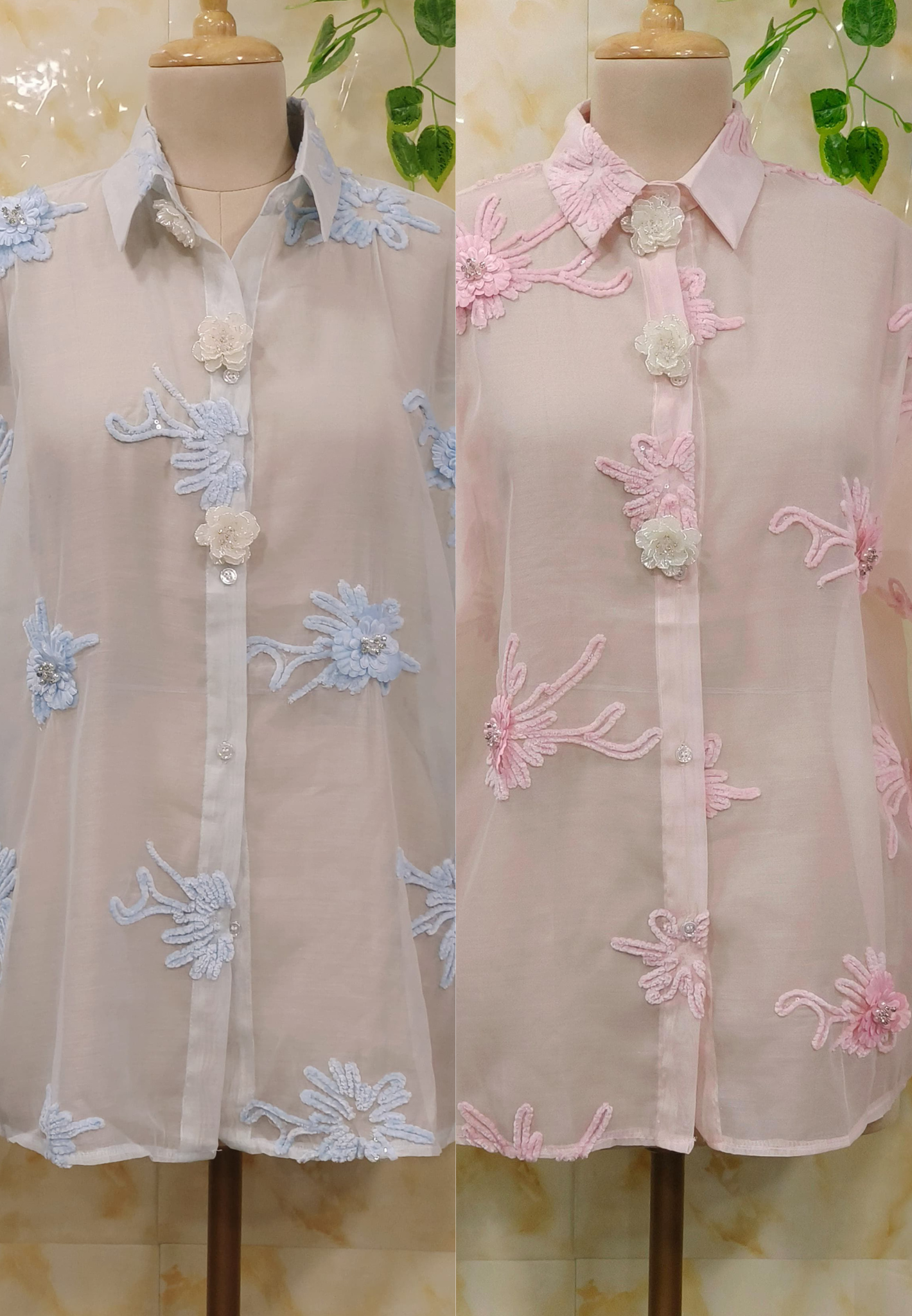 Floral Embroidered Elegant Tissue Organza Sheer Tranparent  Shirts with Collar Details