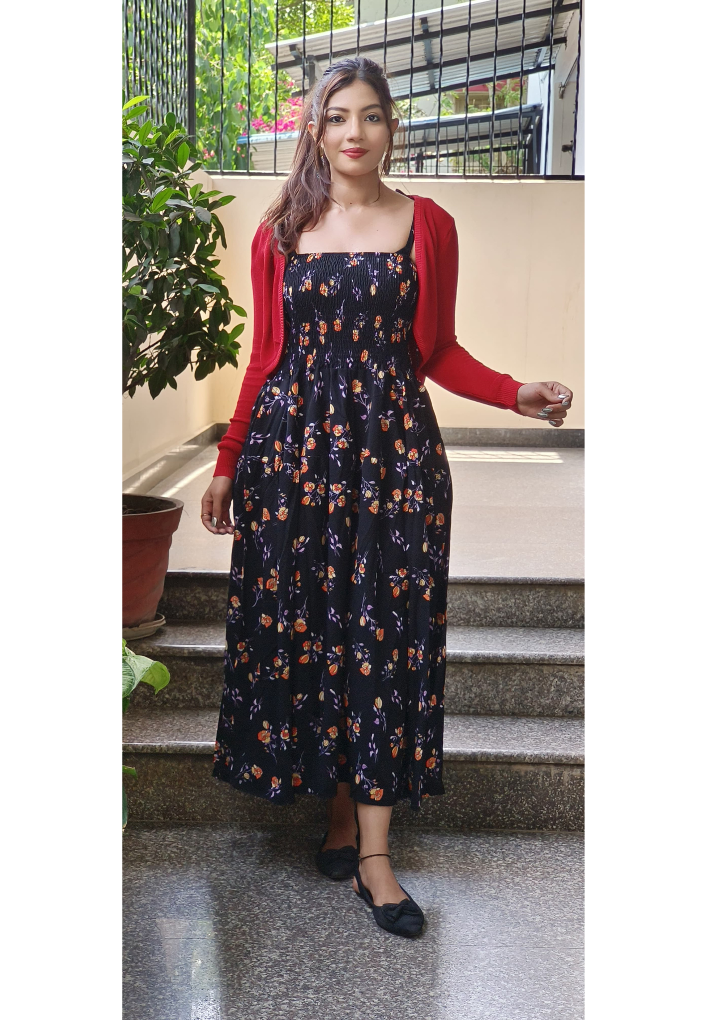 Imported Flora Print Frock With Red Short Shrug