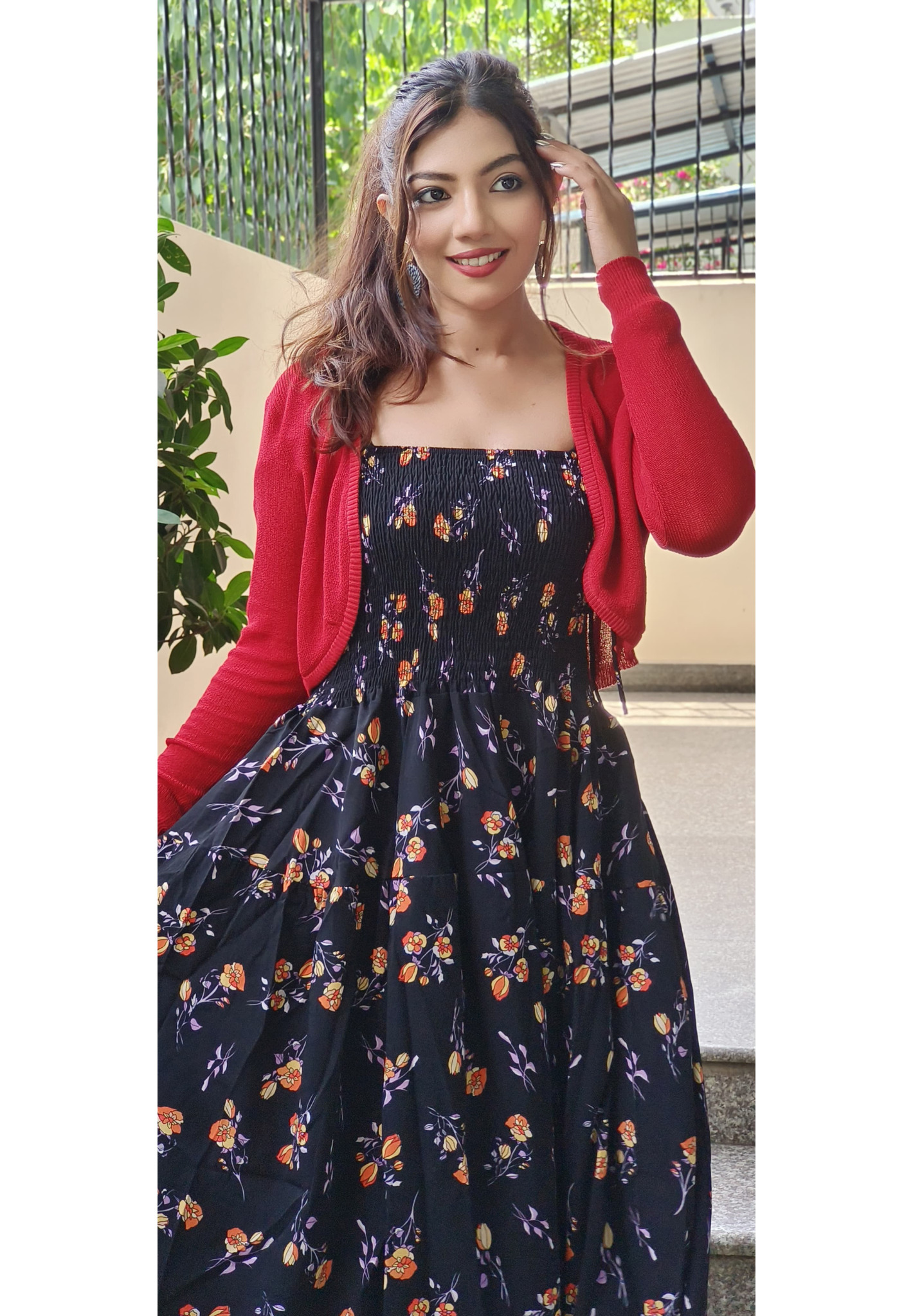 Imported Flora Print Frock With Red Short Shrug