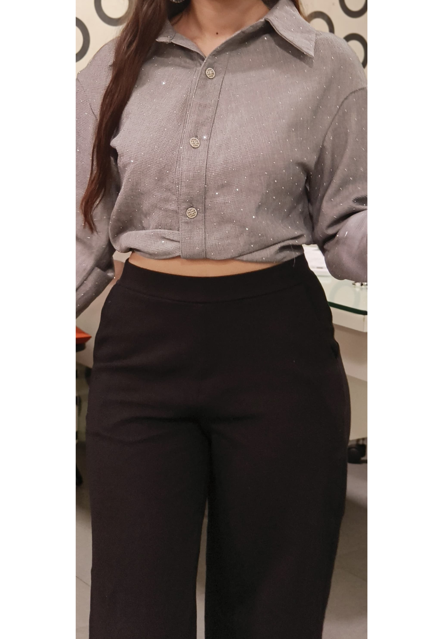 Elegant Shimmer Textured Button-Up Crop Shirt