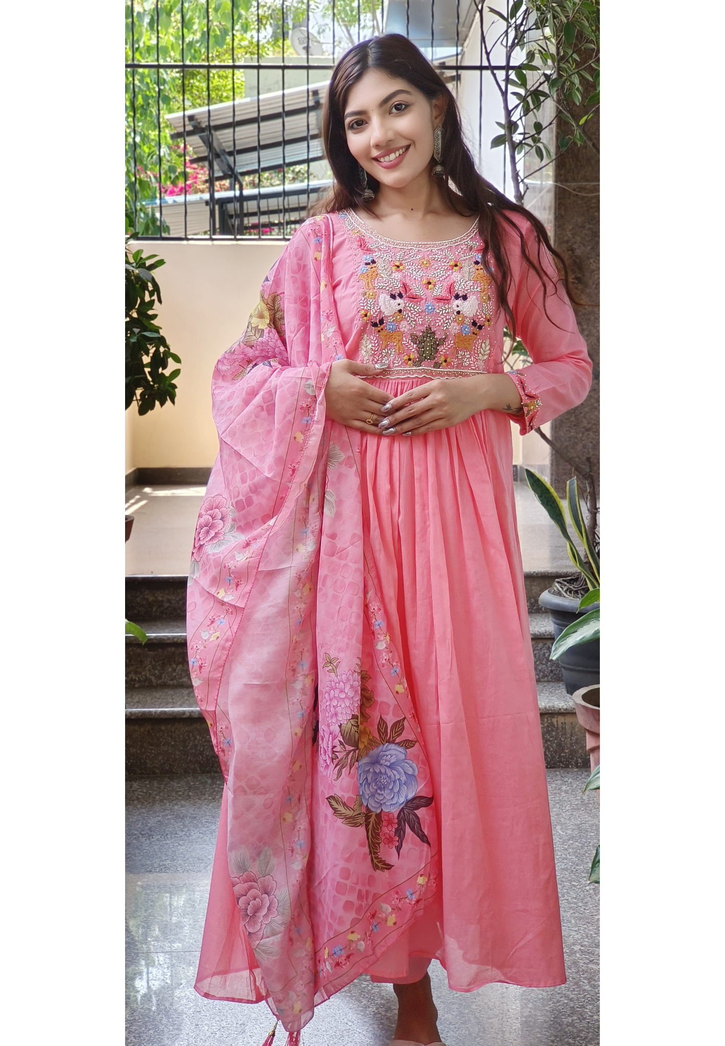 Floral  Preal Embroidered  Work  Mull Cotton Kurta Pant With Floral Dupatta  Set-