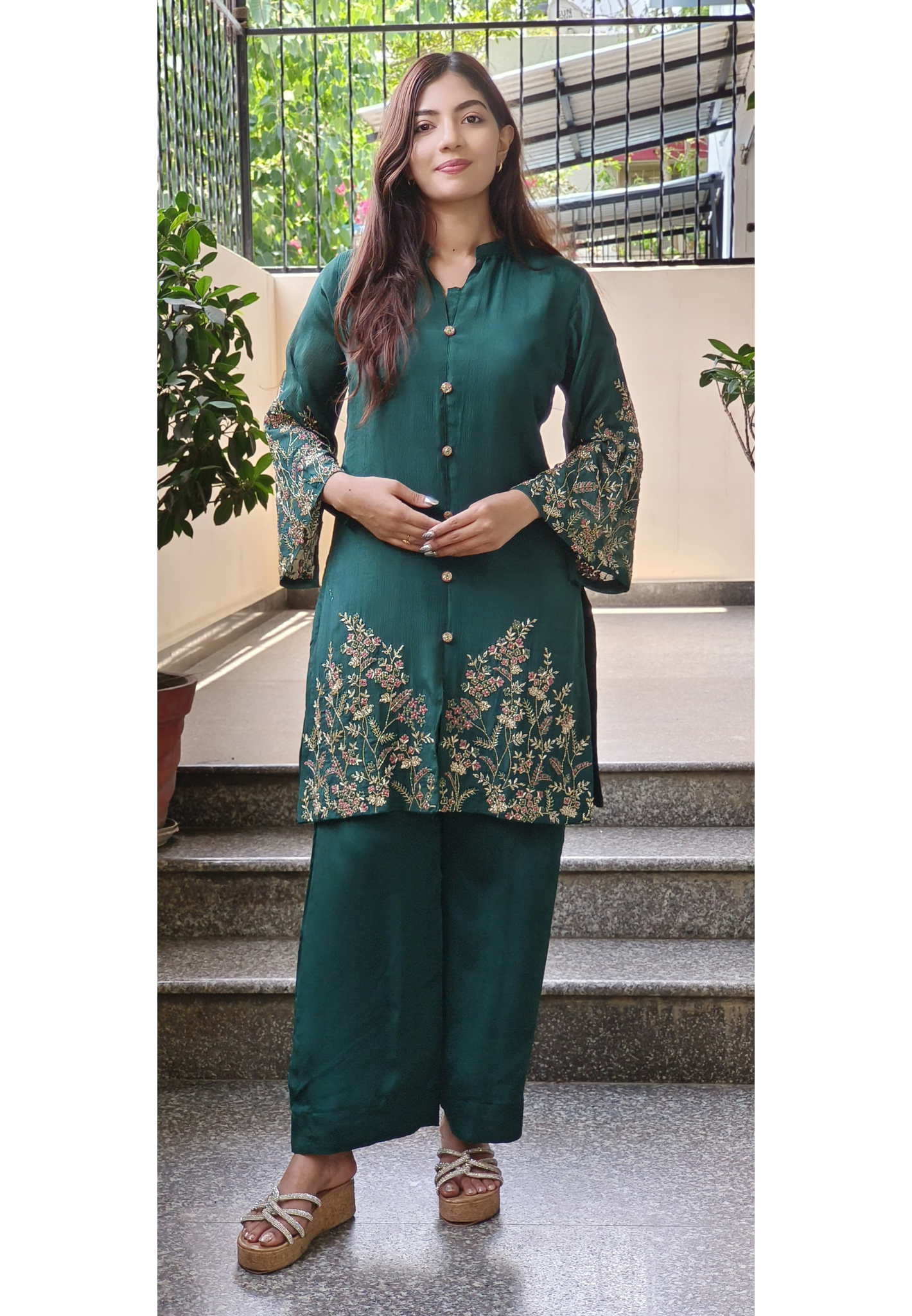 Cut Dana Hand Embroidered  Chinon Fabric  Work Kurta with Loose Pant  Cord set