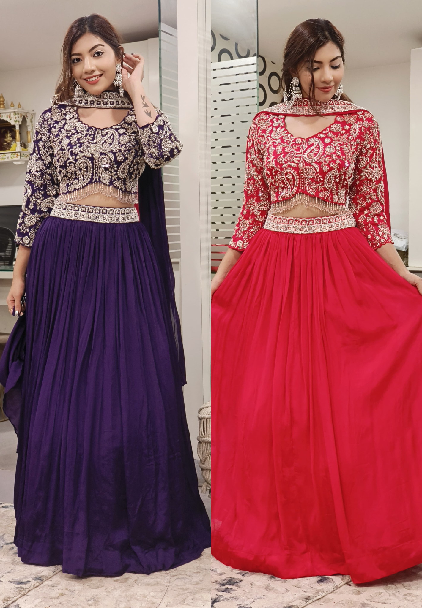 Elegant Heavy Cut Dana Zari Embroidered Party Wear Chinon Lehenga With Stitched Padded Blouse And Chokar Dupatta 09654,09653 only  on orders