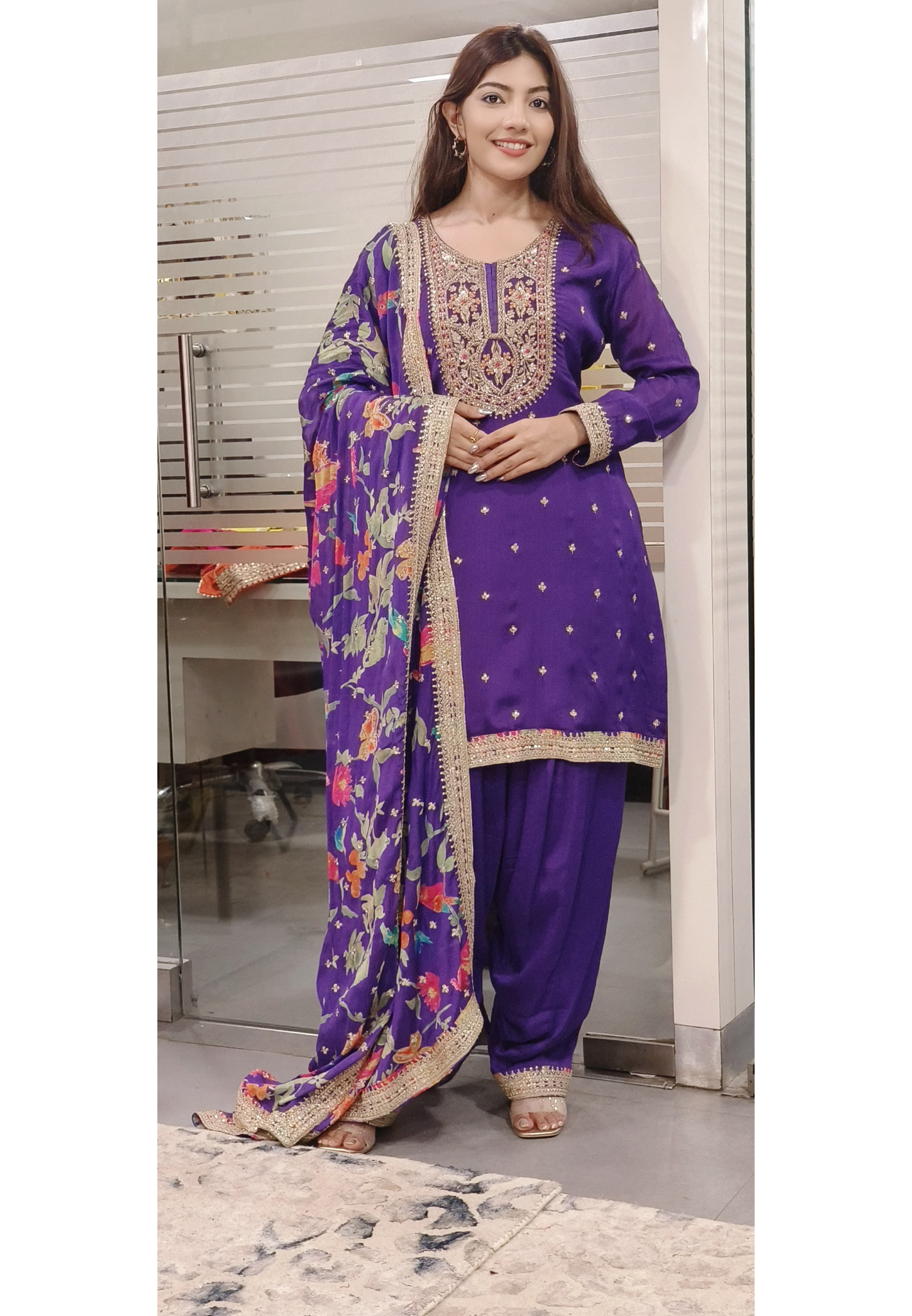 Chinon Fabric Golden Zari Work Full  Party Wear Embroidered Kurta Farshi Salwar Set With Flower Print Dupatta- 09065, 09064