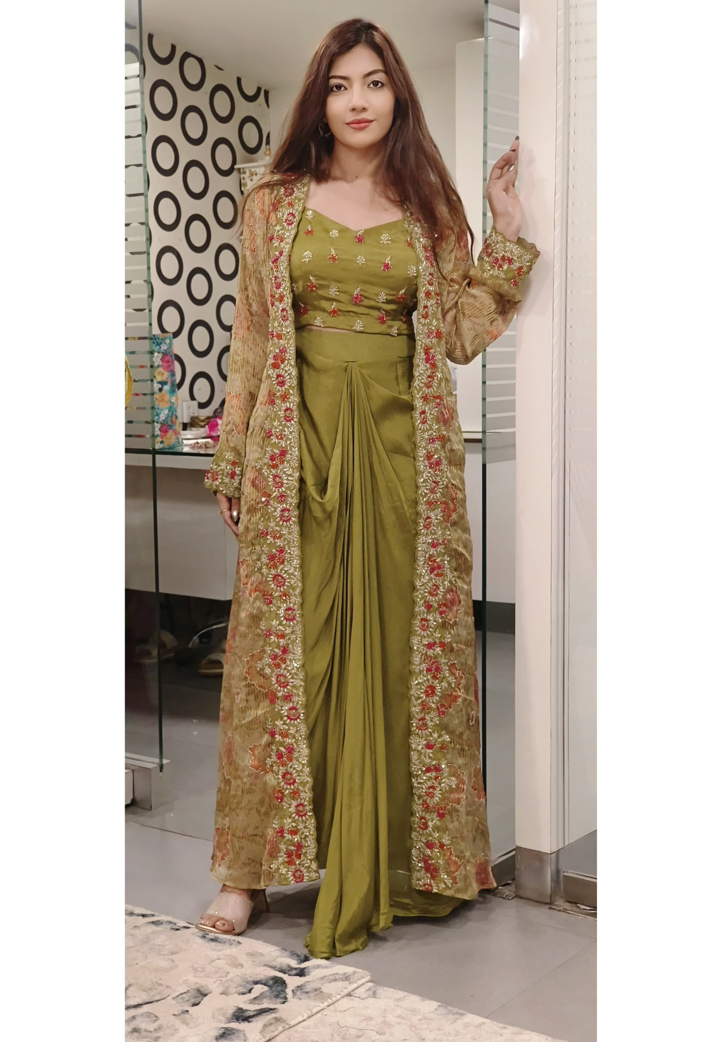 Zari Embroidered Indo Western Wear- Stitched Blouse With Draped Skirt And Floral Organza Shrug- 09651, 09652