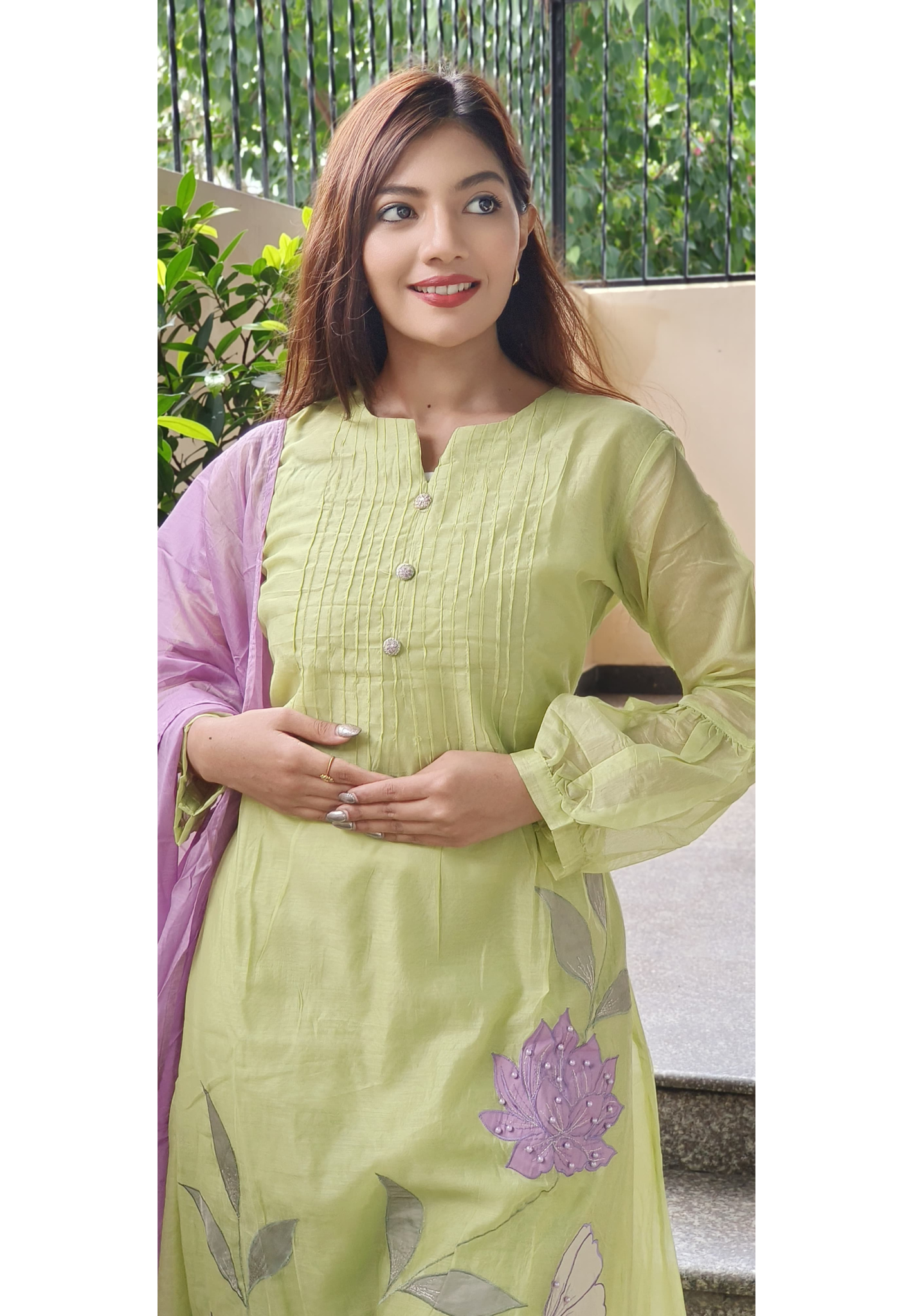 Mul Chanderi Floral A- Line Kurta With Pant And Dupatta Full Set- 09742