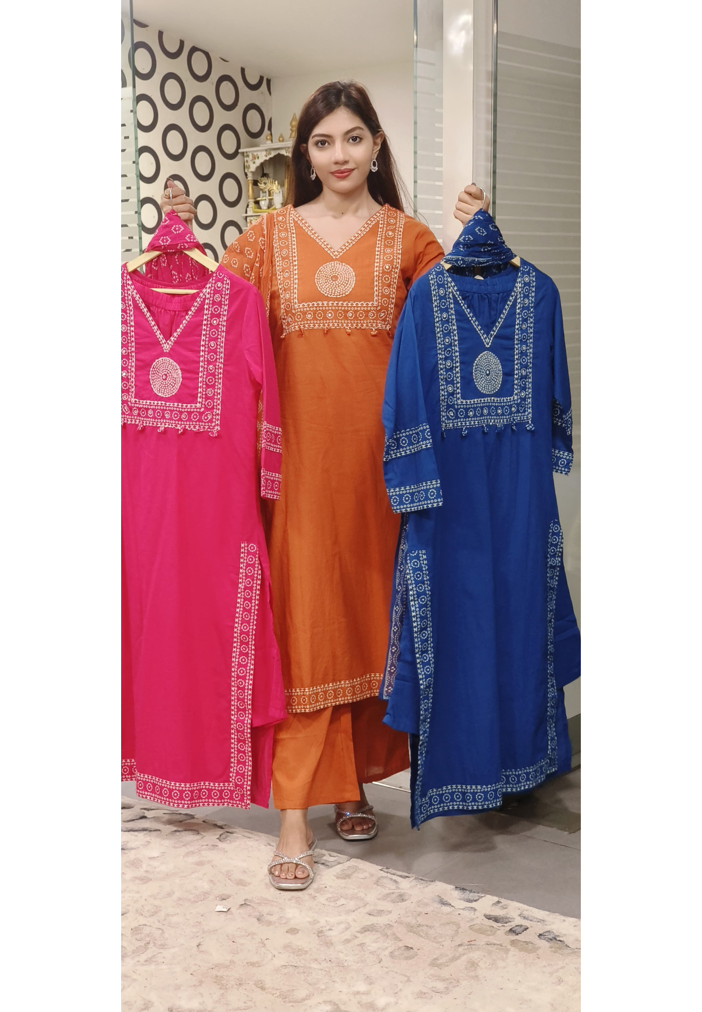 Cotton Symmetrical Print A- Line Kurta Pant Full Set With Dupatta- 09714, 09713, 09712