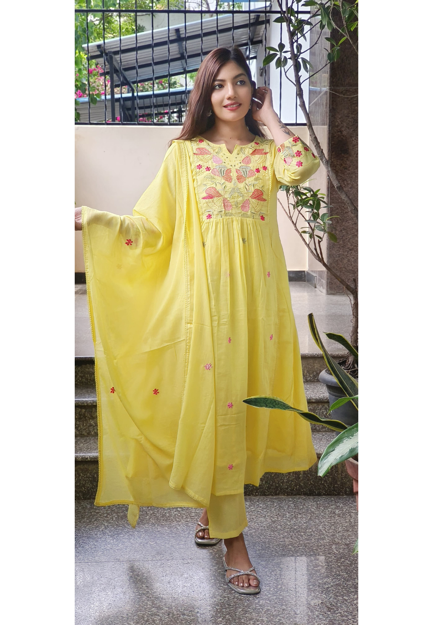 Beautiful Floral Embroidered Mul Cotton A-Line Full Suit Set- 09748, 09749, 09750