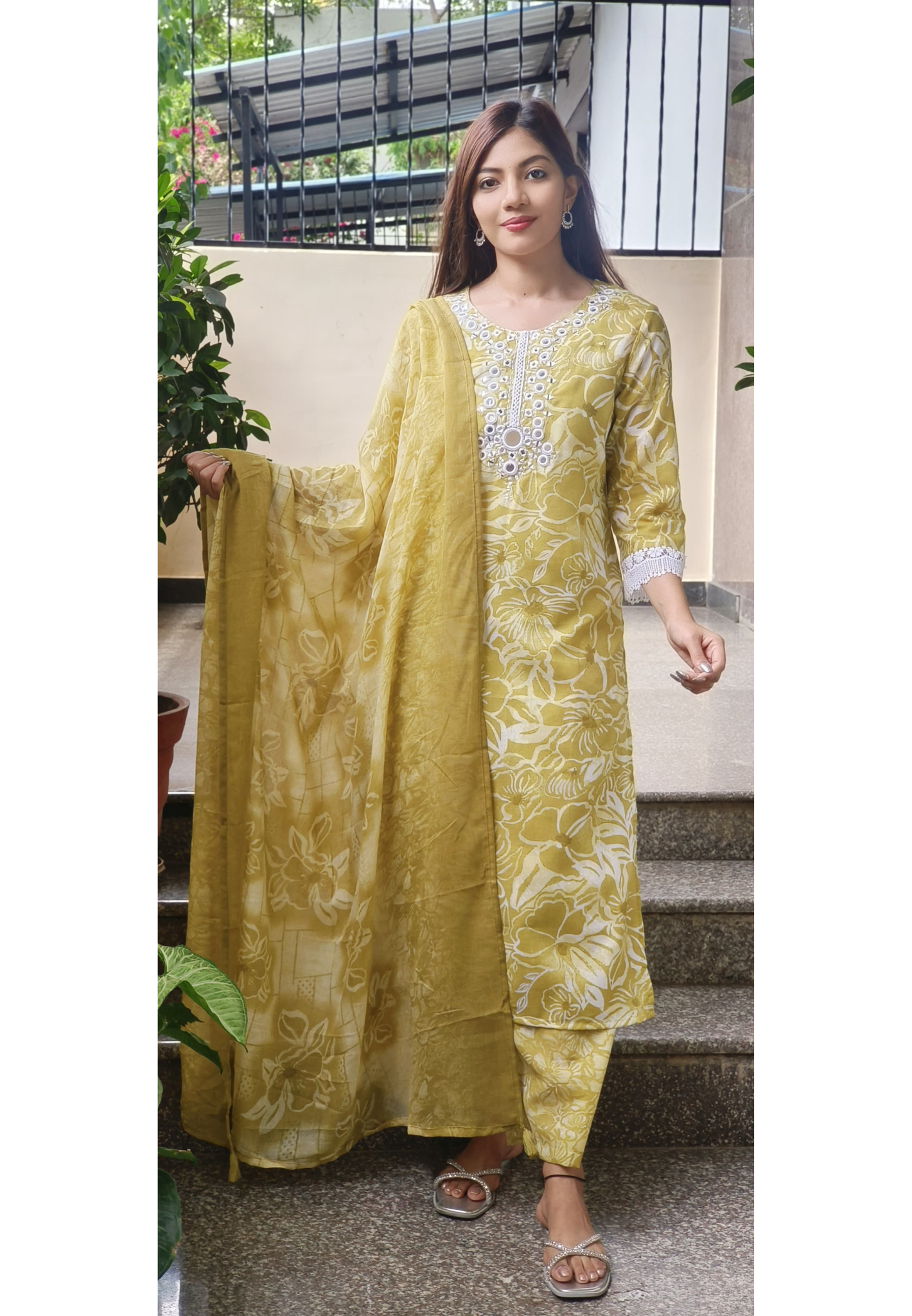 Cotton Full Set Floral Kurta Pant With Dupatta In Lace And Real Mirror Work- 09711