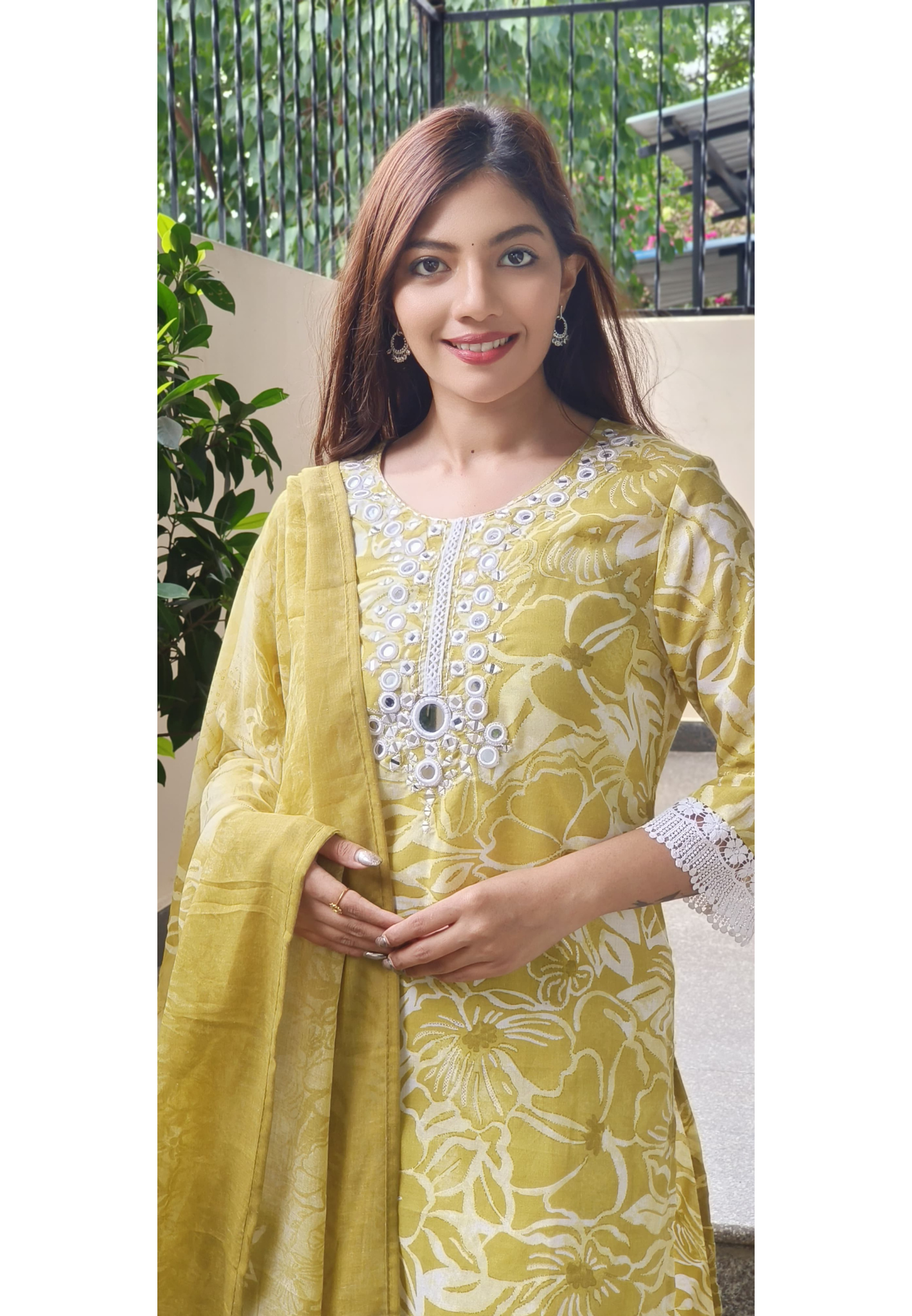Cotton Full Set Floral Kurta Pant With Dupatta In Lace And Real Mirror Work- 09711