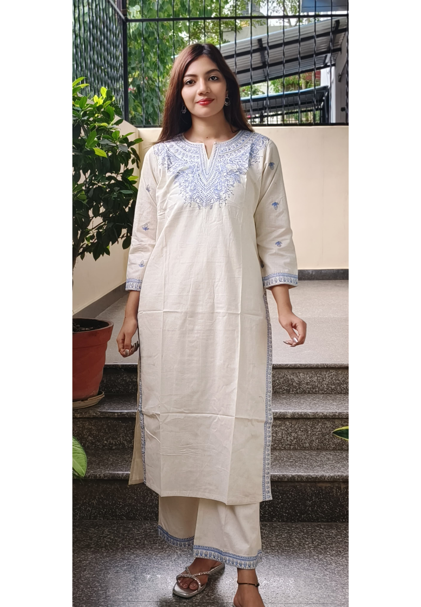 Embroidered Cotton Kurta Pant Set- 09746