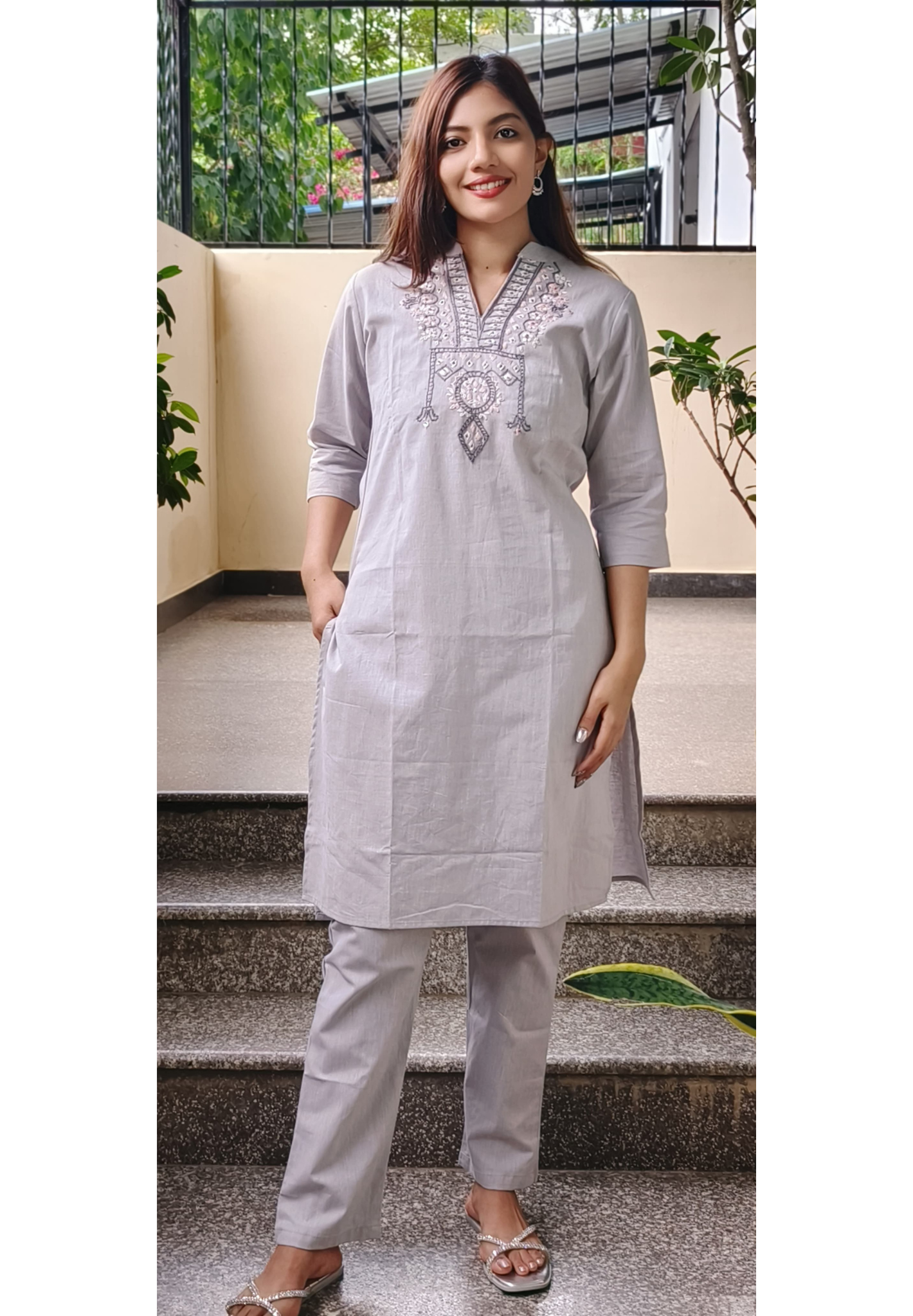 Linen Floral Thread Embroidered Kurta Pant Set- 09700, 09701, 09702