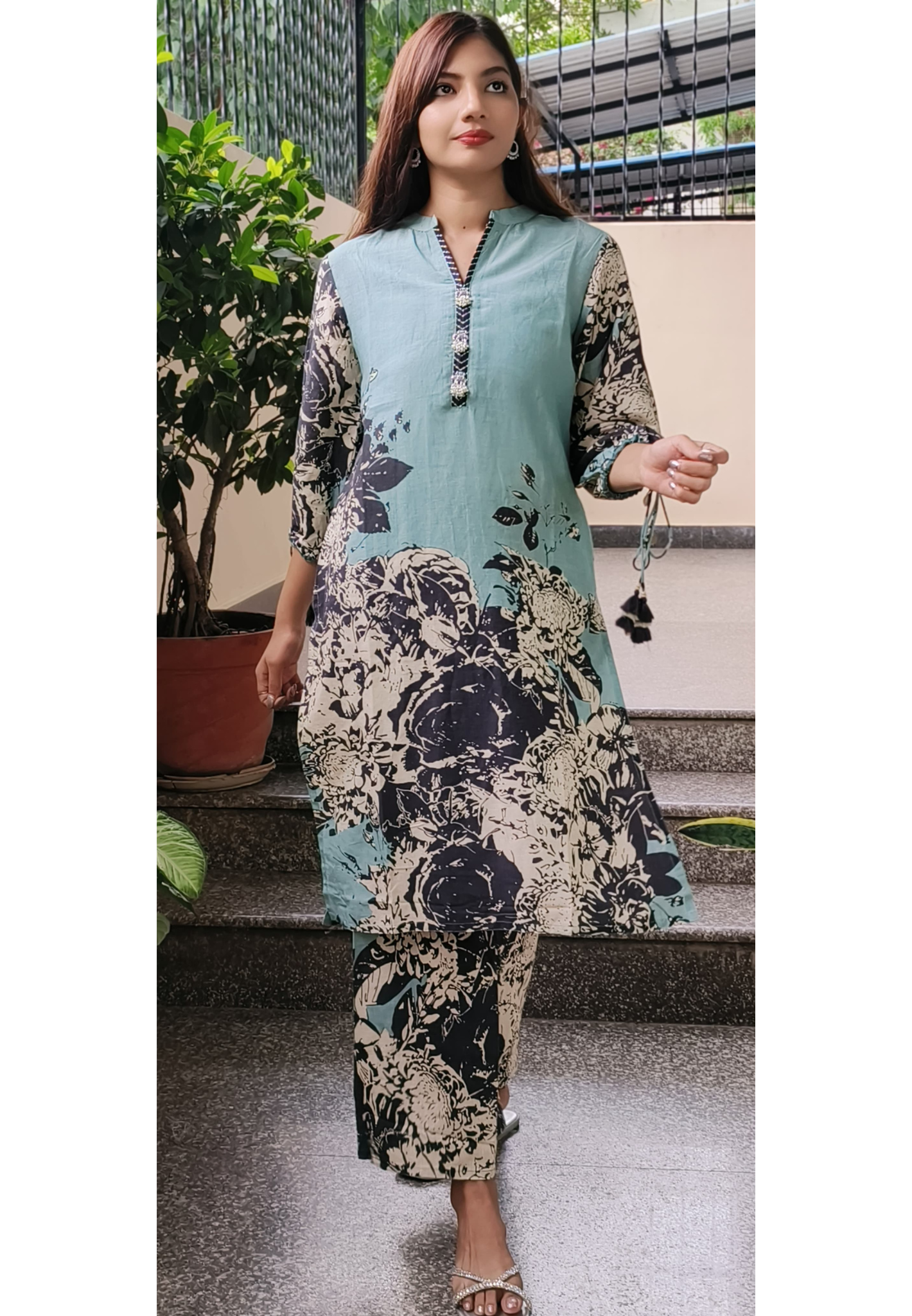 Linen Floral Printed Kurta Pant Set In Linen Cotton Fabric- 09722, 09723