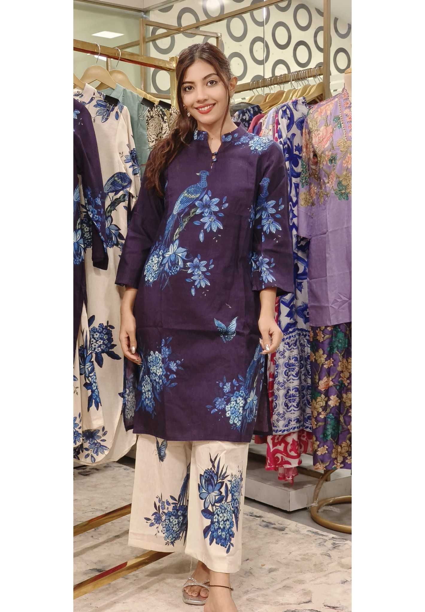 Animal Print Linen Cotton Kurta Pant Set- 09721