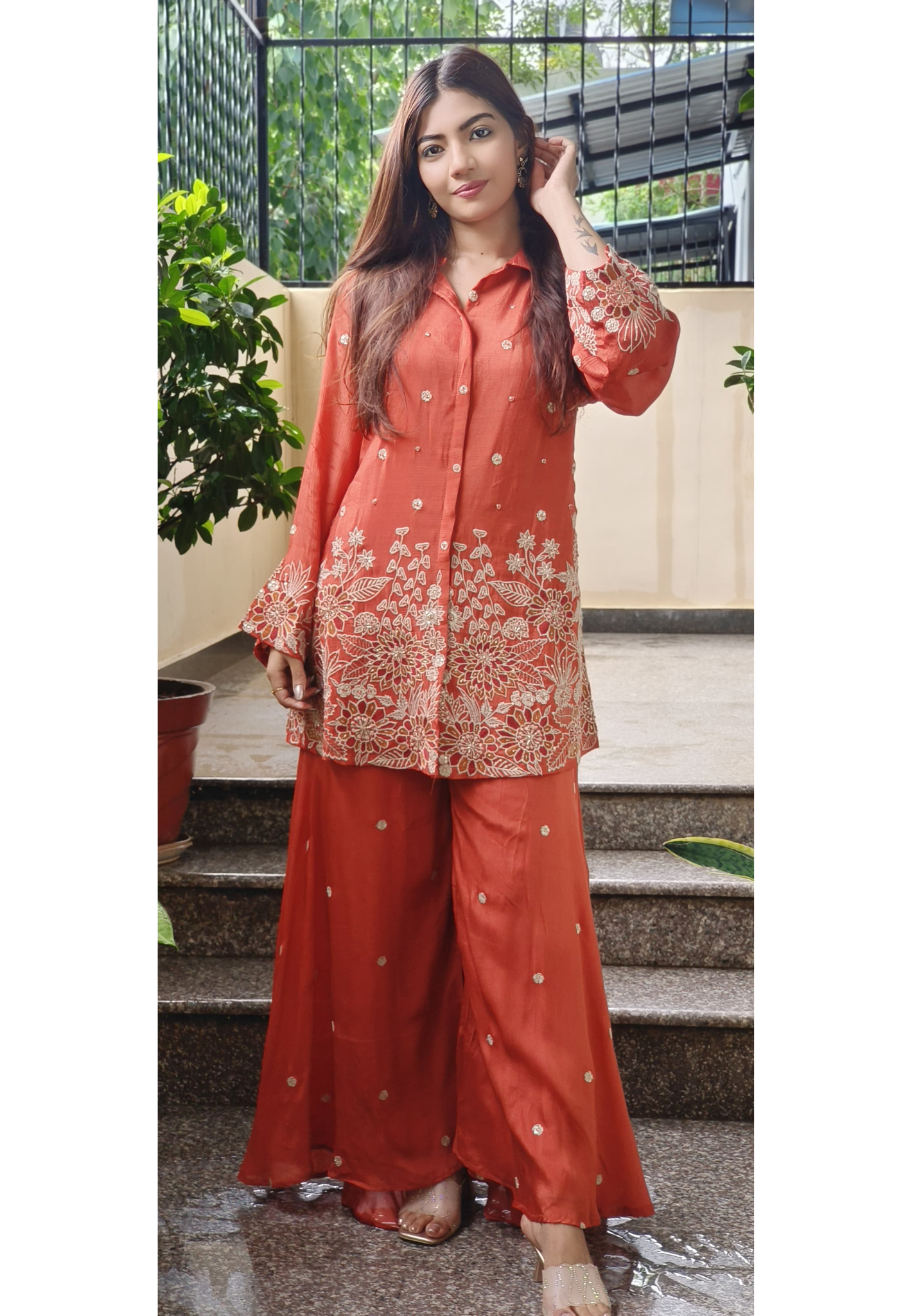 Chinon Collared Co-Ord Style Kurta With Palazzo Pant Heavy Wear With Floral Embroidery- 08199