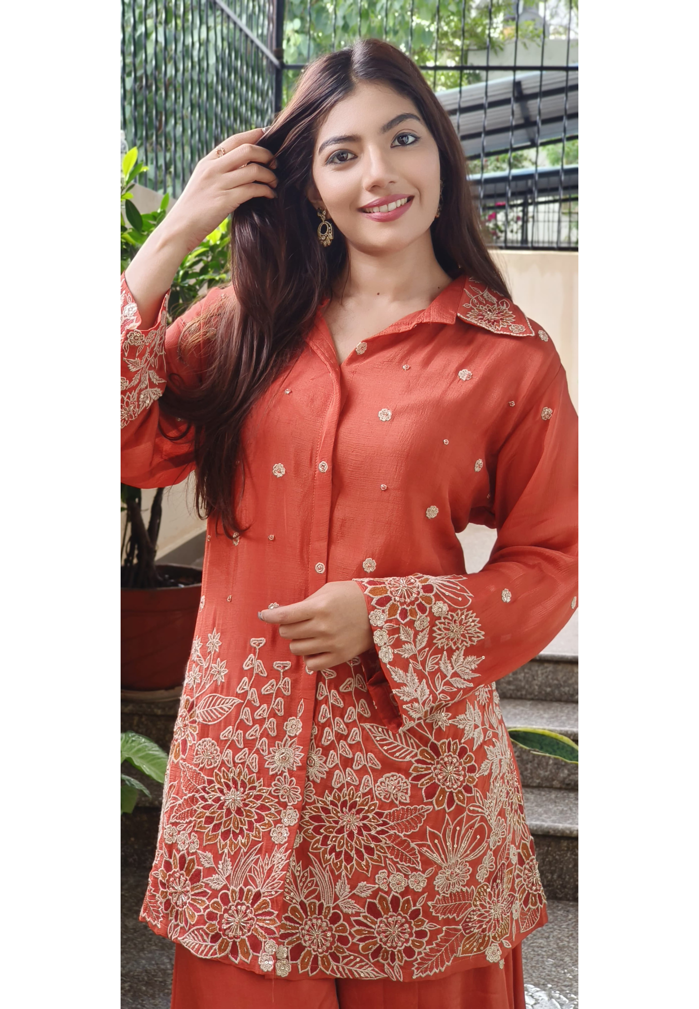 Chinon Collared Co-Ord Style Kurta With Palazzo Pant Heavy Wear With Floral Embroidery- 08199