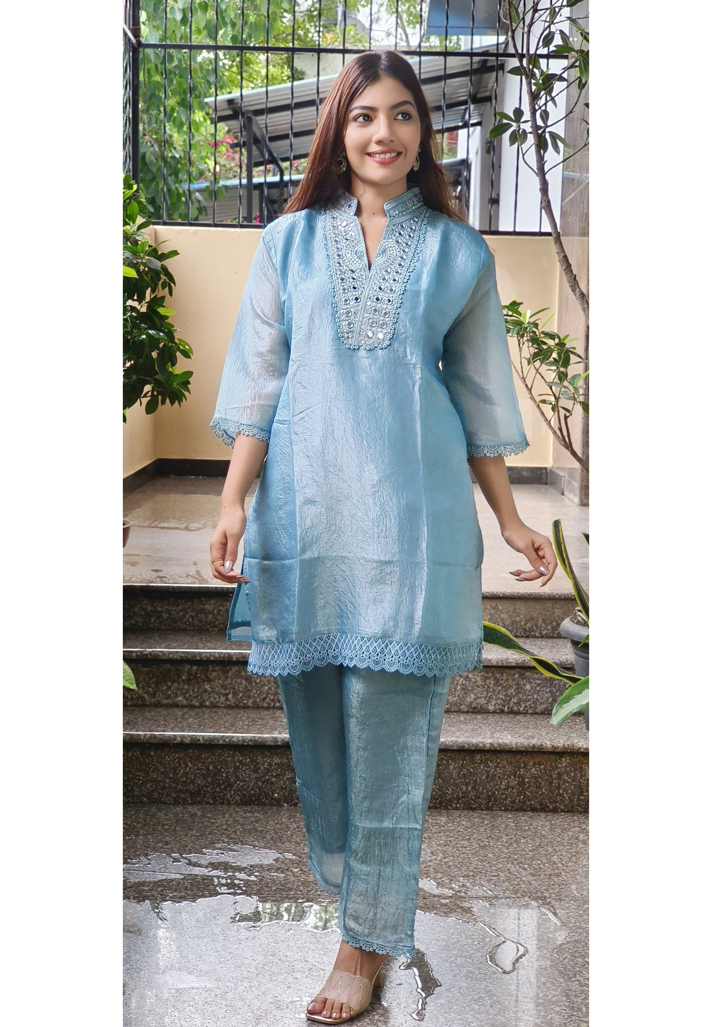 Heavy Real Mirror Neck Work Crush Tissue Kurta Loose Pant- 09736