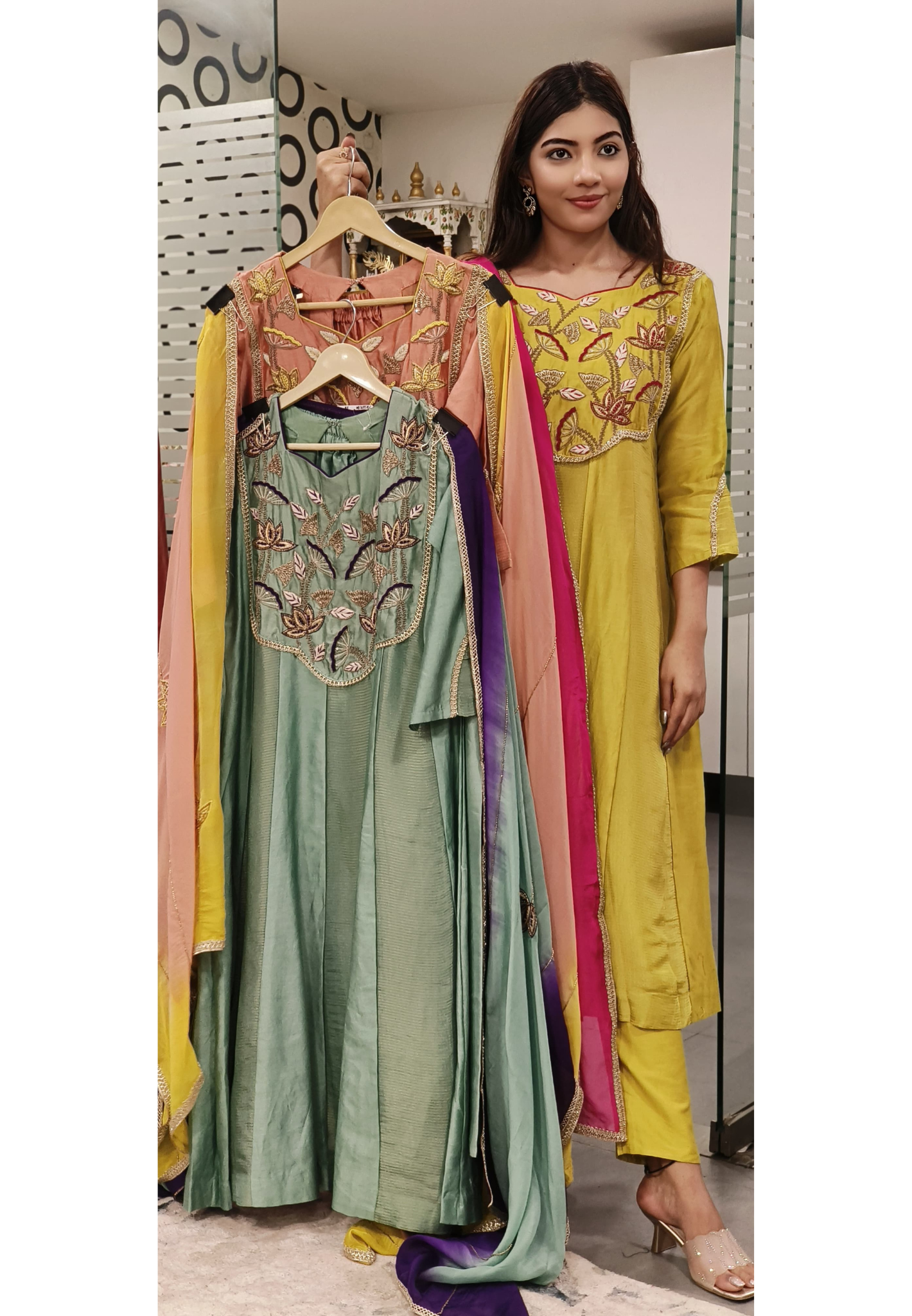 Pure Chanderi Zari Zardozi & Thread Embroidered Work Party Wear Aline Kurta with Pant and Organza Dupatta-