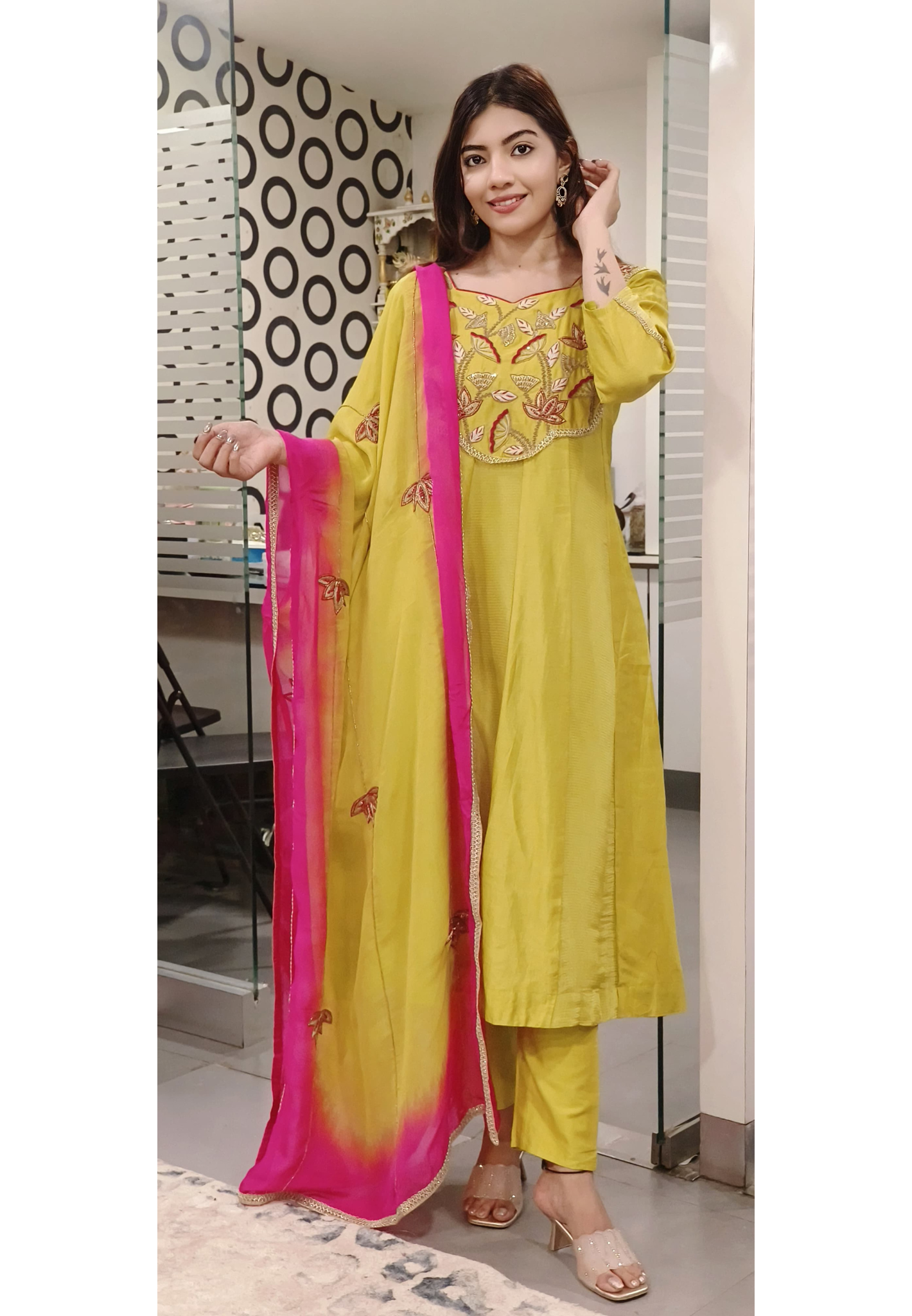 Pure Chanderi Zari Zardozi & Thread Embroidered Work Party Wear Aline Kurta with Pant and Organza Dupatta-