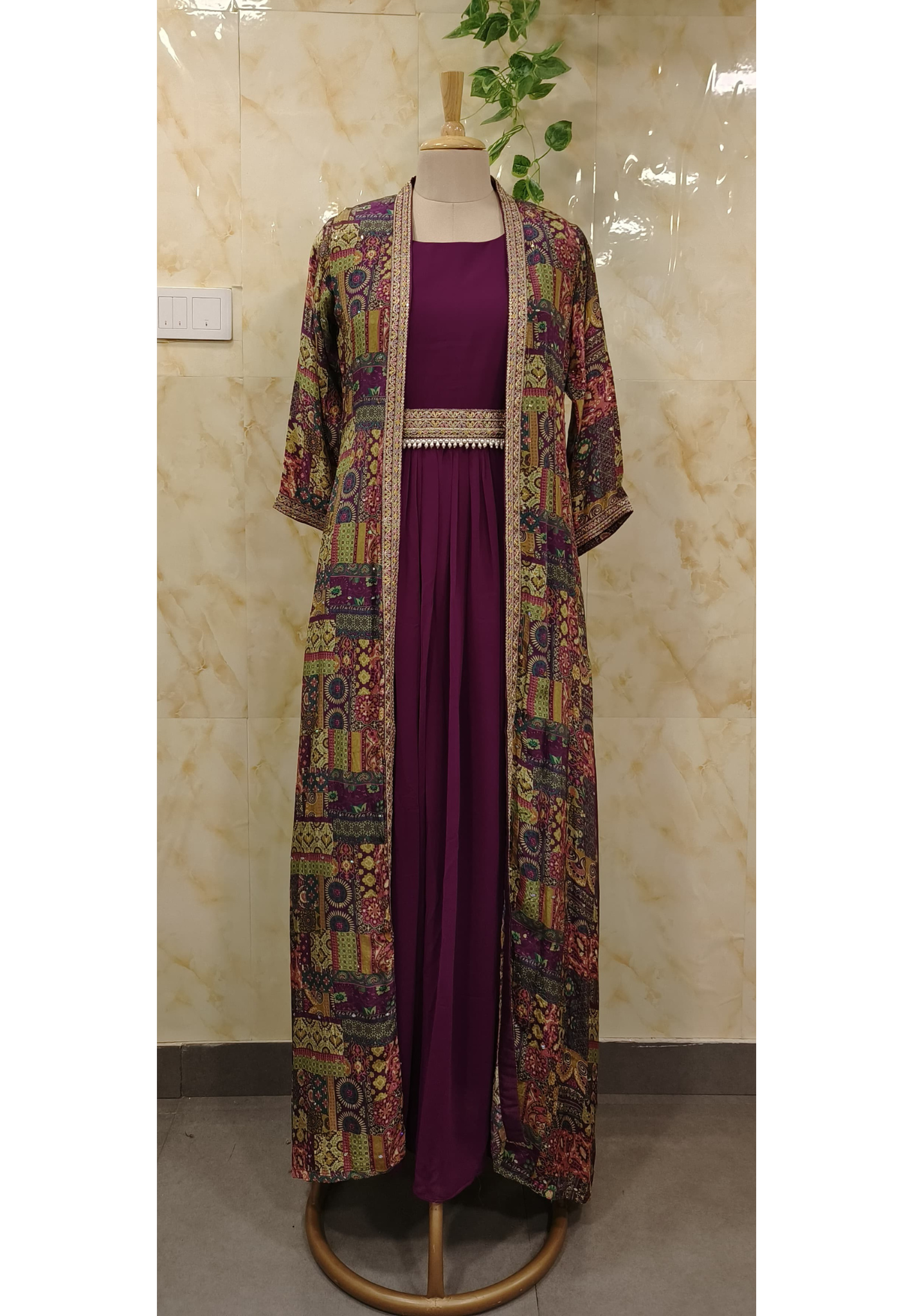 Real Mirror & Beads Work Indo Western Wear With Shrug & Belt- 07870