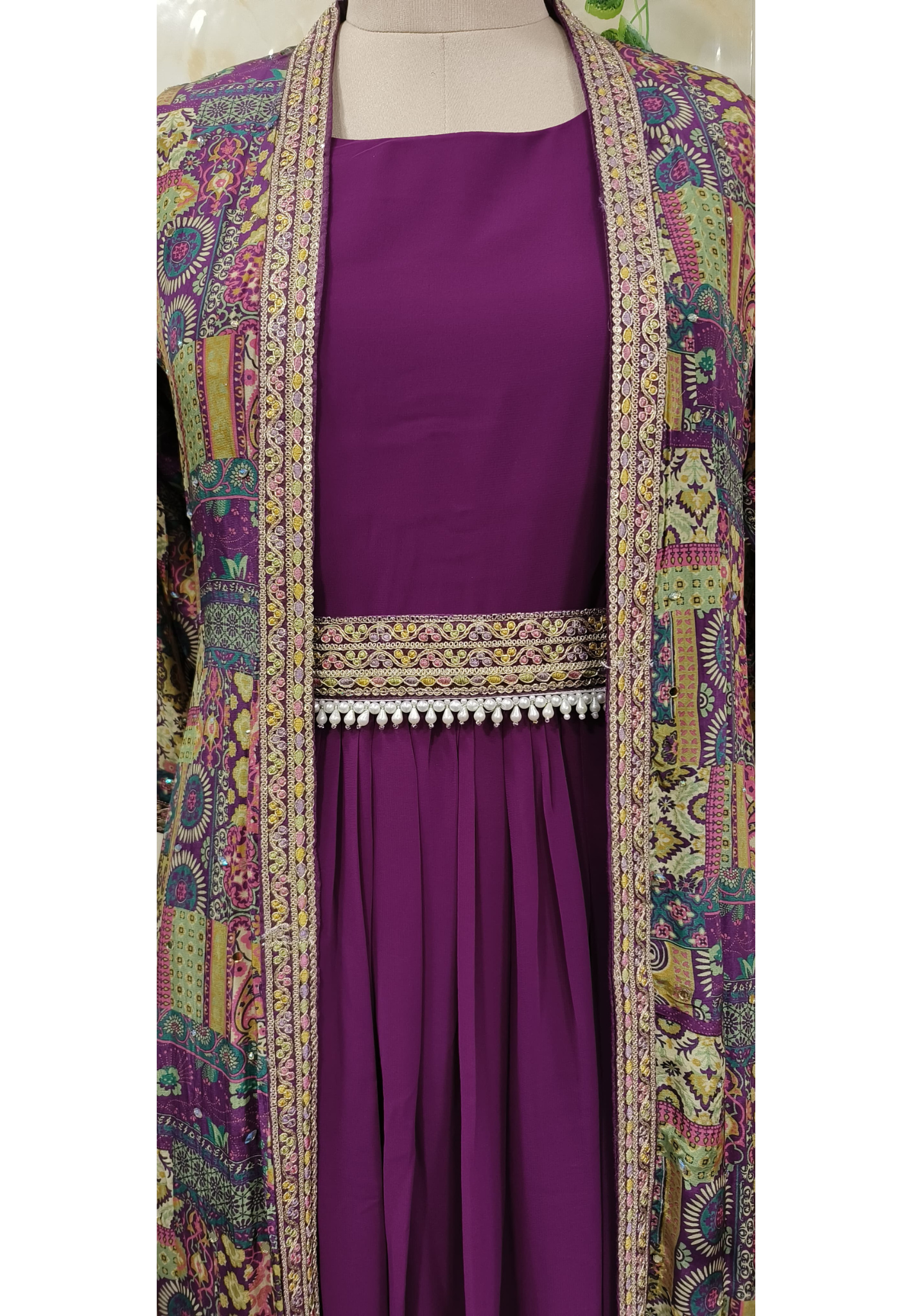Real Mirror & Beads Work Indo Western Wear With Shrug & Belt- 07870