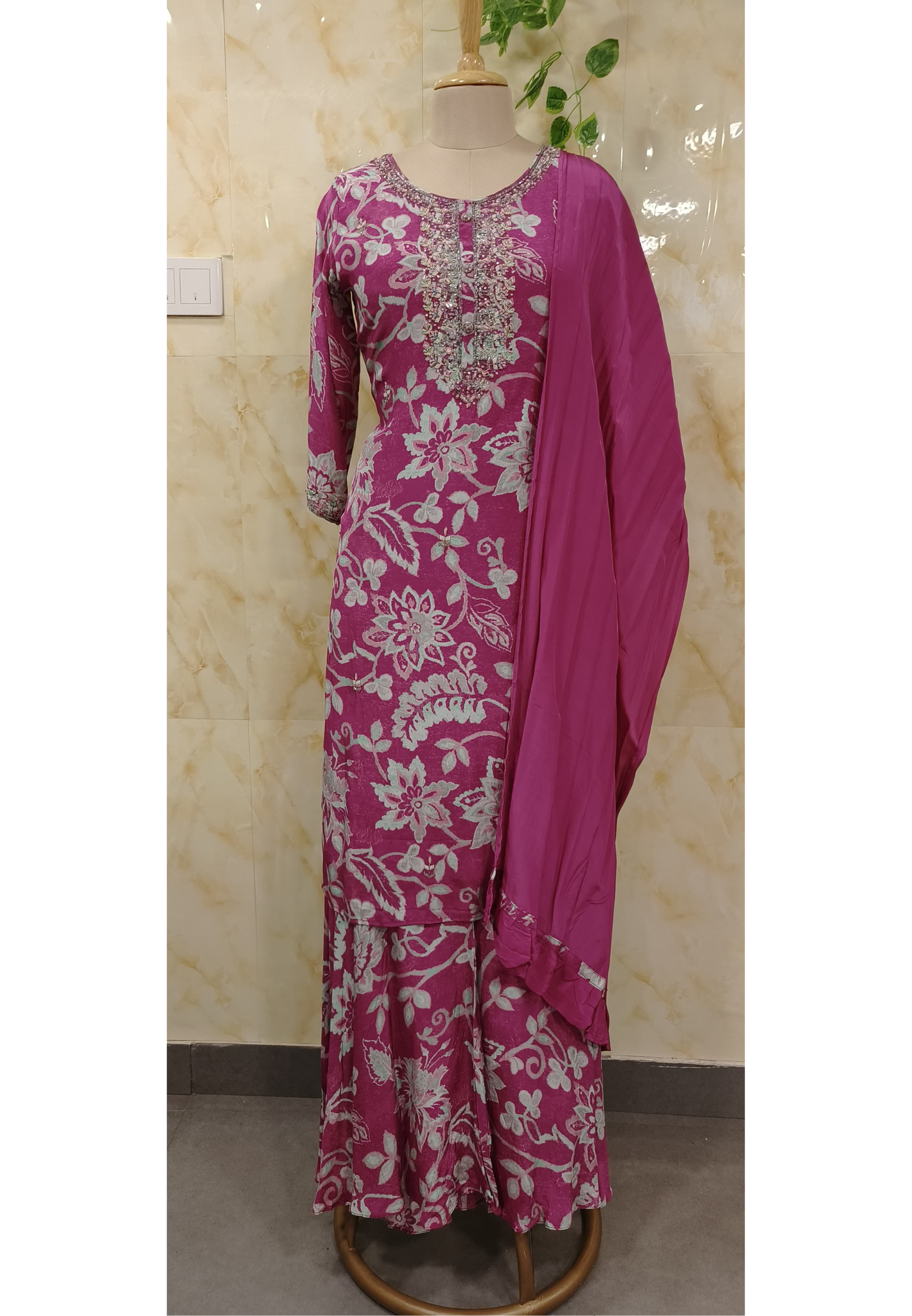 Soft Crape Floral Print Beads Work Sharara Suit With Flared Pant And Dupatta- 07872