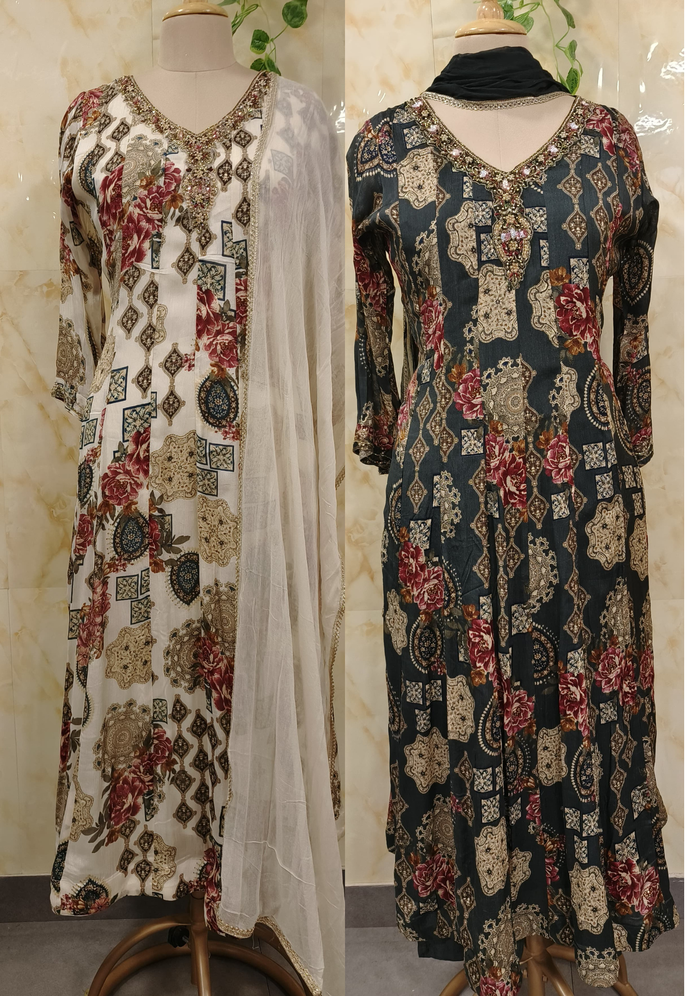 V-Neck Beads Work Floral Print Chinon Party Wear Anarkali Suit- 091154