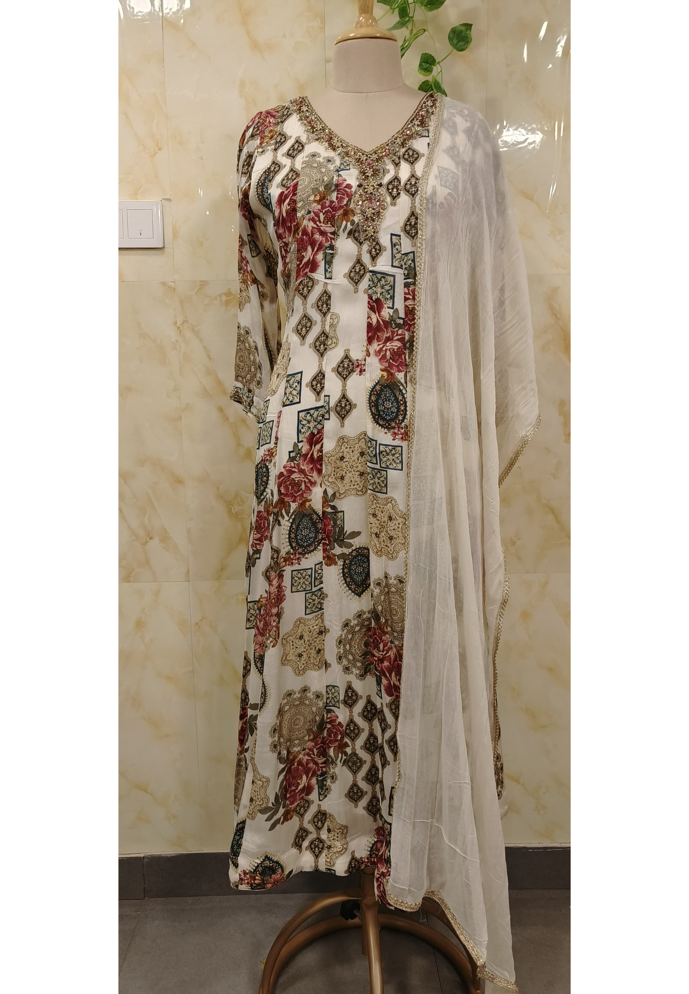 V-Neck Beads Work Floral Print Chinon Party Wear Anarkali Suit- 091154