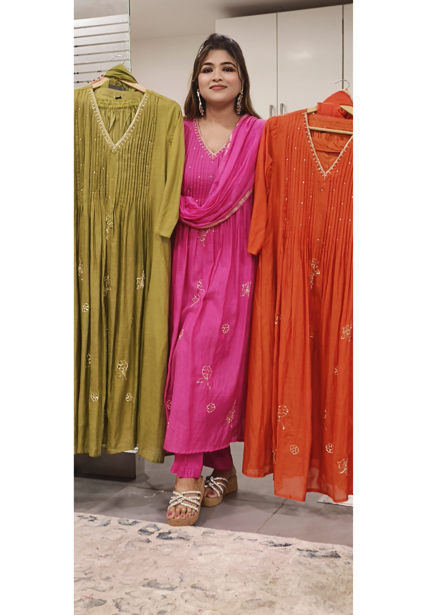Mul Chanderi Solid Shade Embroidered Aline Panel Full Suit Set With Cotton Chanderi Dupatta- 09821, 09822, 09823