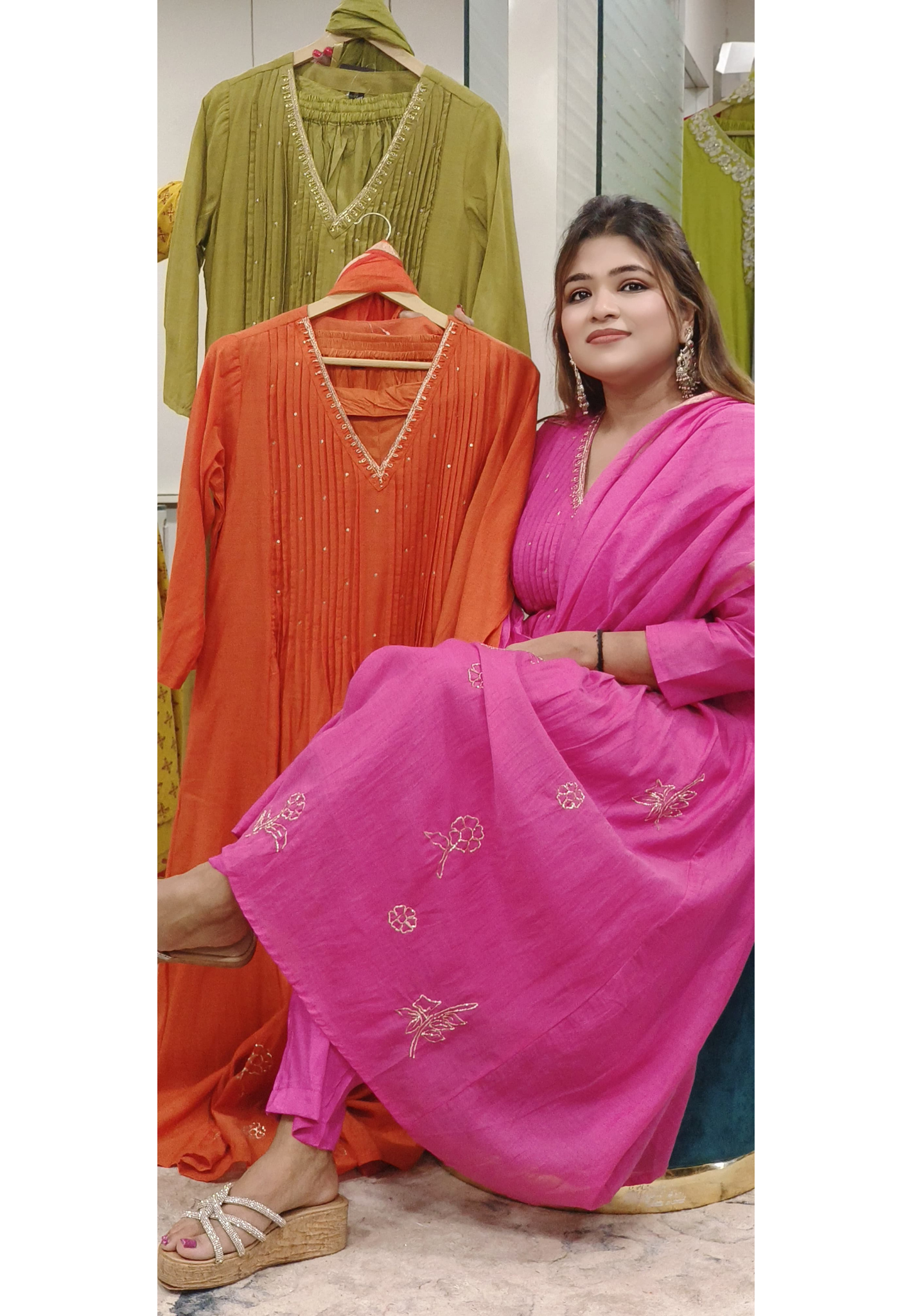 Mul Chanderi Solid Shade Embroidered Aline Panel Full Suit Set With Cotton Chanderi Dupatta- 09821, 09822, 09823