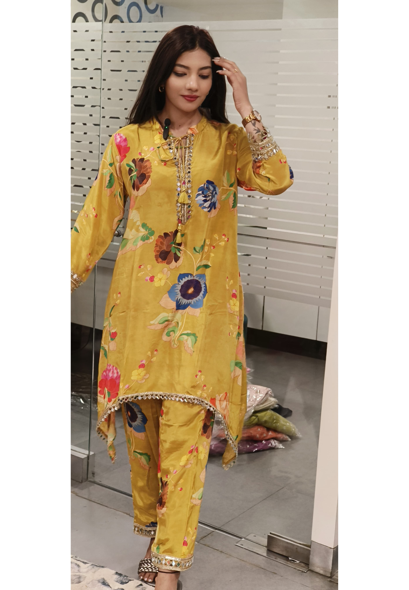 Real Mirror Work Kaftan Look A-Line Floral Printed Kurta With Pant In Crepe Fabric- 08216