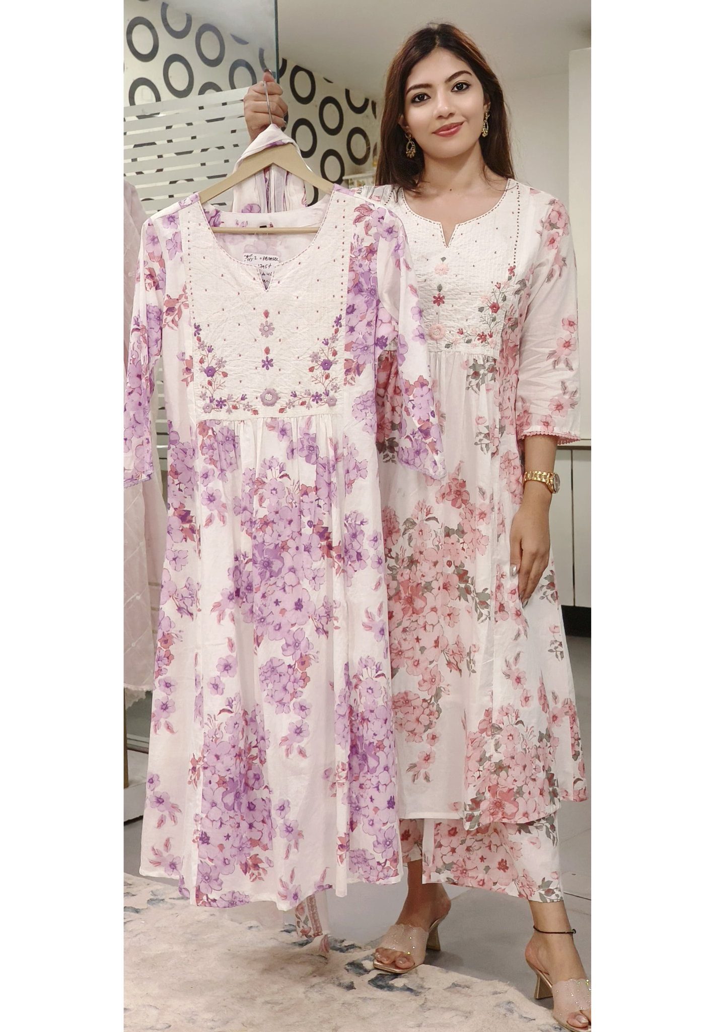 Floral Print Aline Embroidered Full Suit Set With Dupatta In Cotton Fabric- 09841