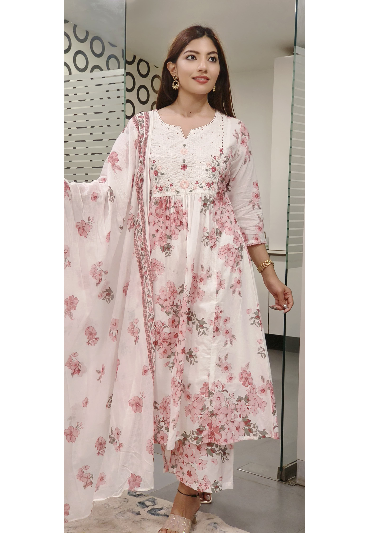 Floral Print Aline Embroidered Full Suit Set With Dupatta In Cotton Fabric- 09841