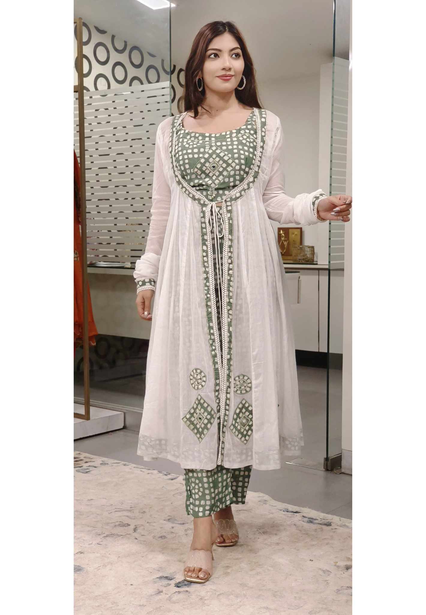 Chanderi Crop Top With Pant & Beautiful A-Line Mul Cotton Knot Outer In Churi Sleeves- 09767