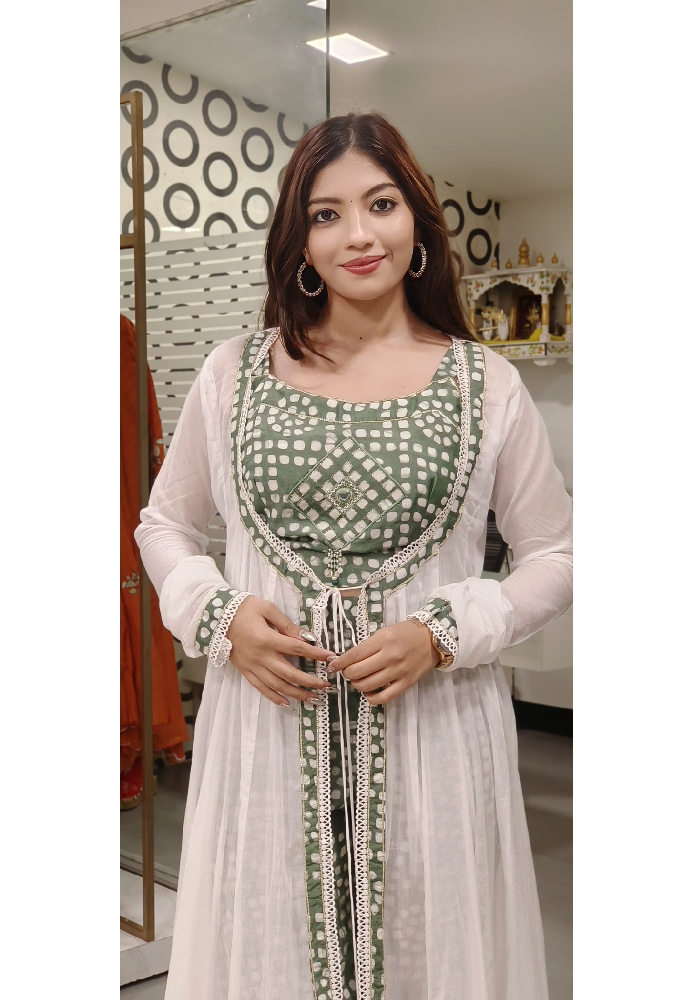 Chanderi Crop Top With Pant & Beautiful A-Line Mul Cotton Knot Outer In Churi Sleeves- 09767