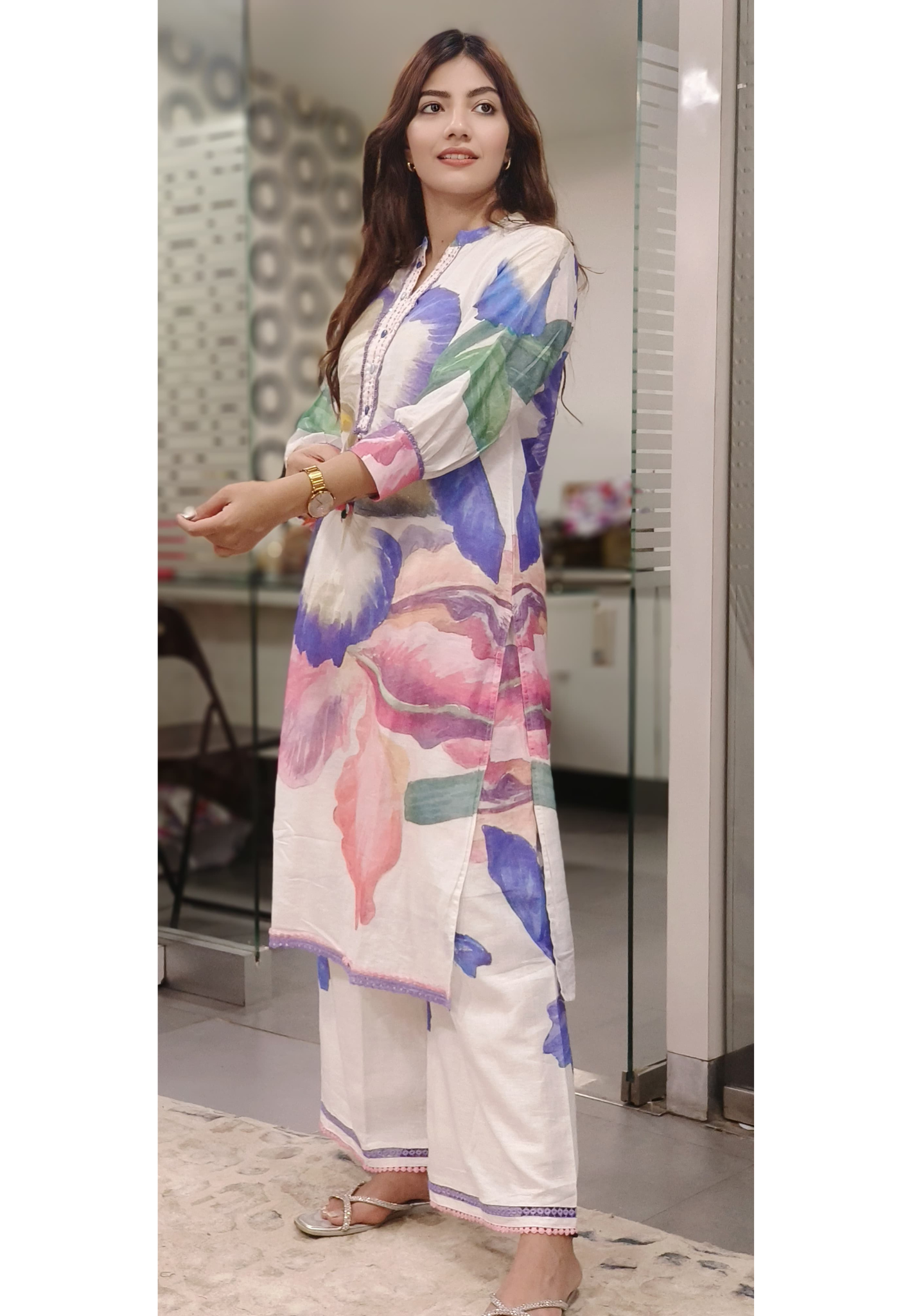 Beautiful Colorful Flower Print Kurta Pant Set In Linen Fabric- 09937