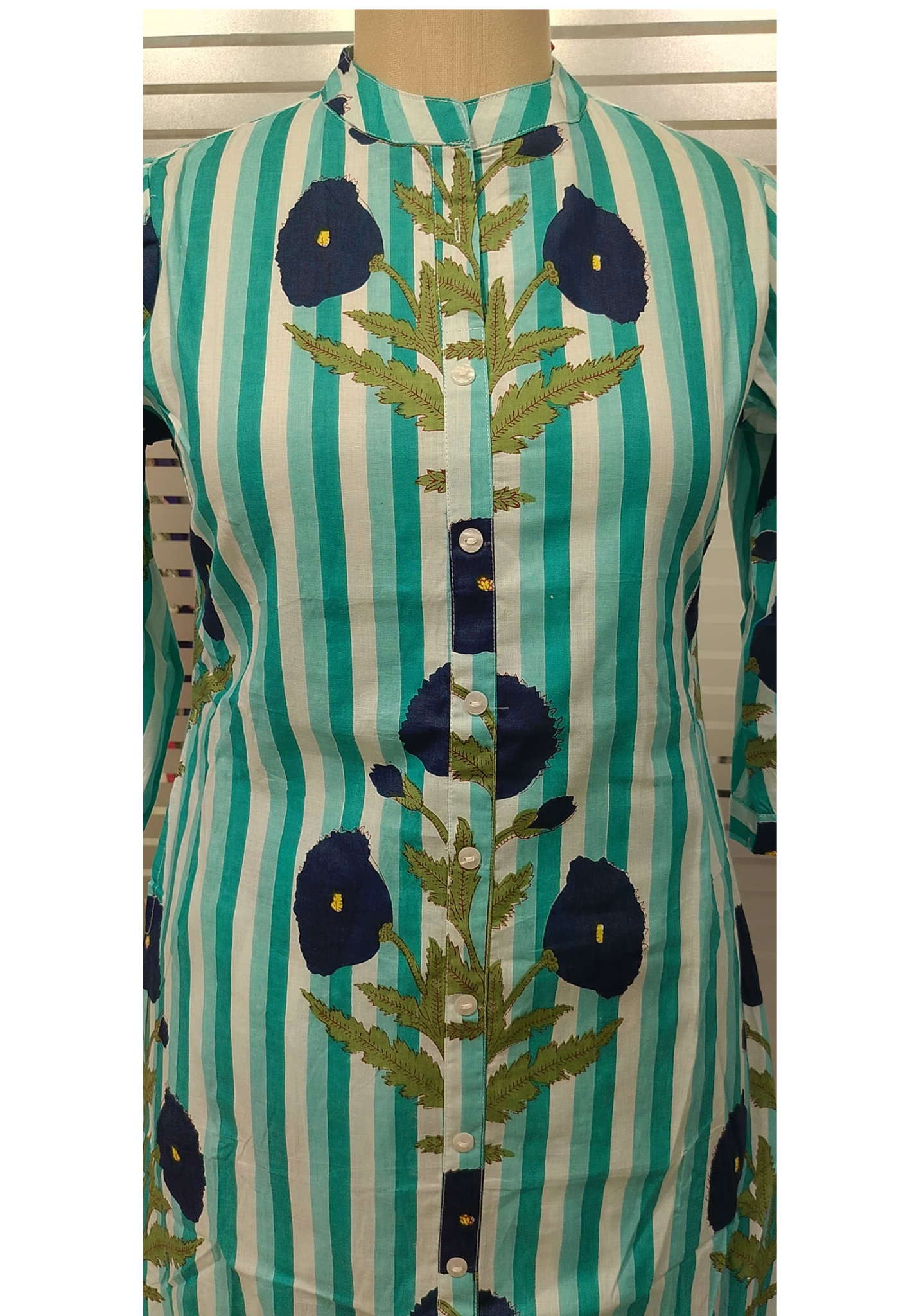 Striped Floral Print Cord Style A-Line Kurta With Pant In Cotton Fabric (Pocket Inside)