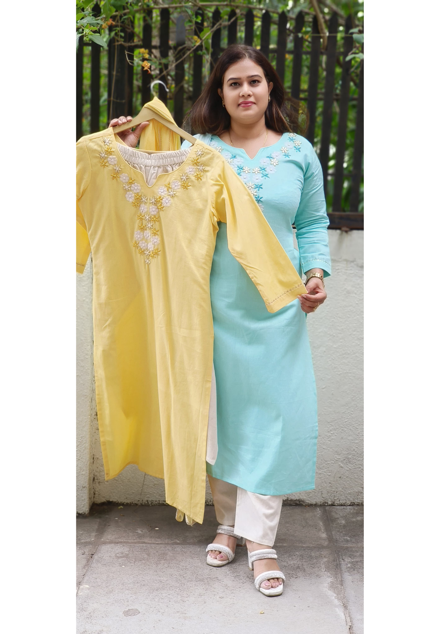 Floral Thread & Tiny Beads Embroidered Neck Work Full Suit Set With Dupatta In Flex Cotton Fabric-DISPATCHING WILL BE DELAYED BY 1 WEEK