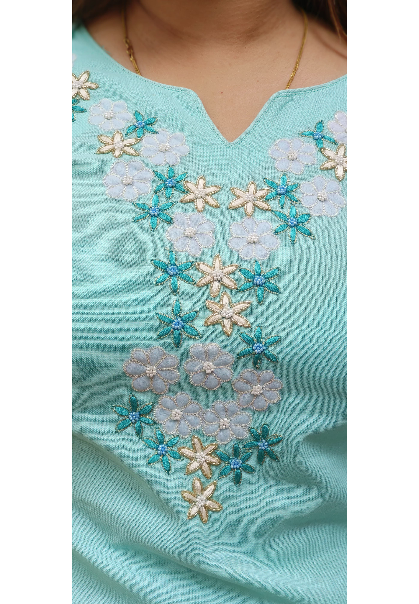 Floral Thread & Tiny Beads Embroidered Neck Work Full Suit Set With Dupatta In Flex Cotton Fabric-DISPATCHING WILL BE DELAYED BY 1 WEEK