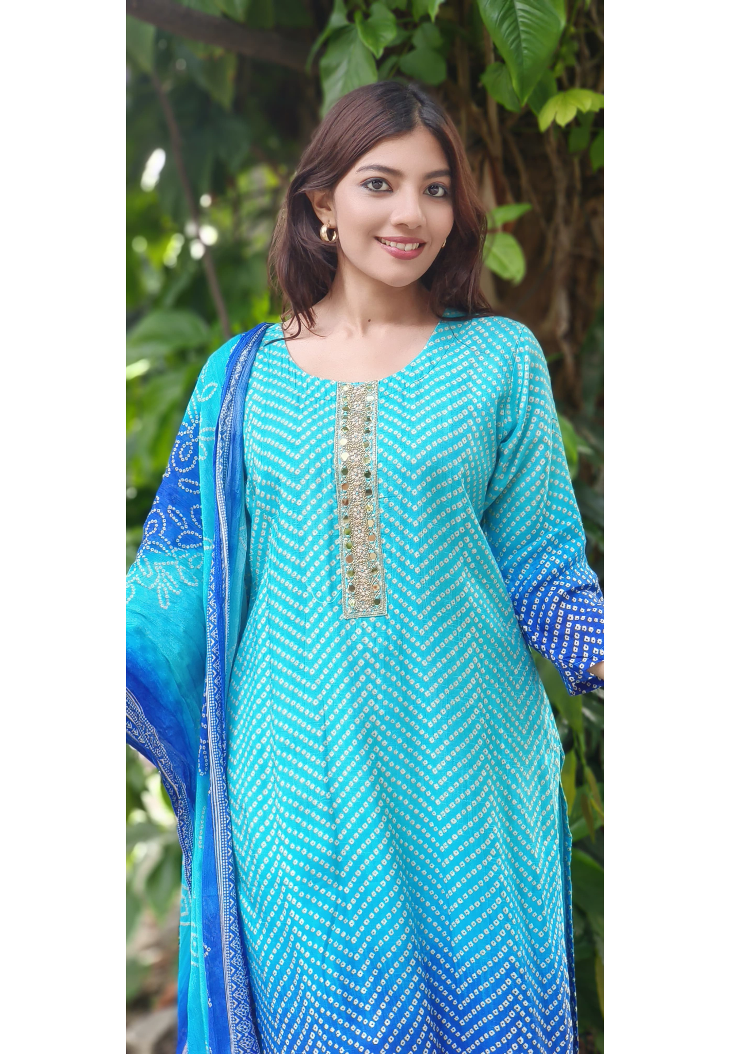 Bandhani Print Real Mirror, Pearl & Beads Contrast Shade Dola Silk Full Suit Set (DISPATCHING WILL BE DEALYED BY A WEEK)